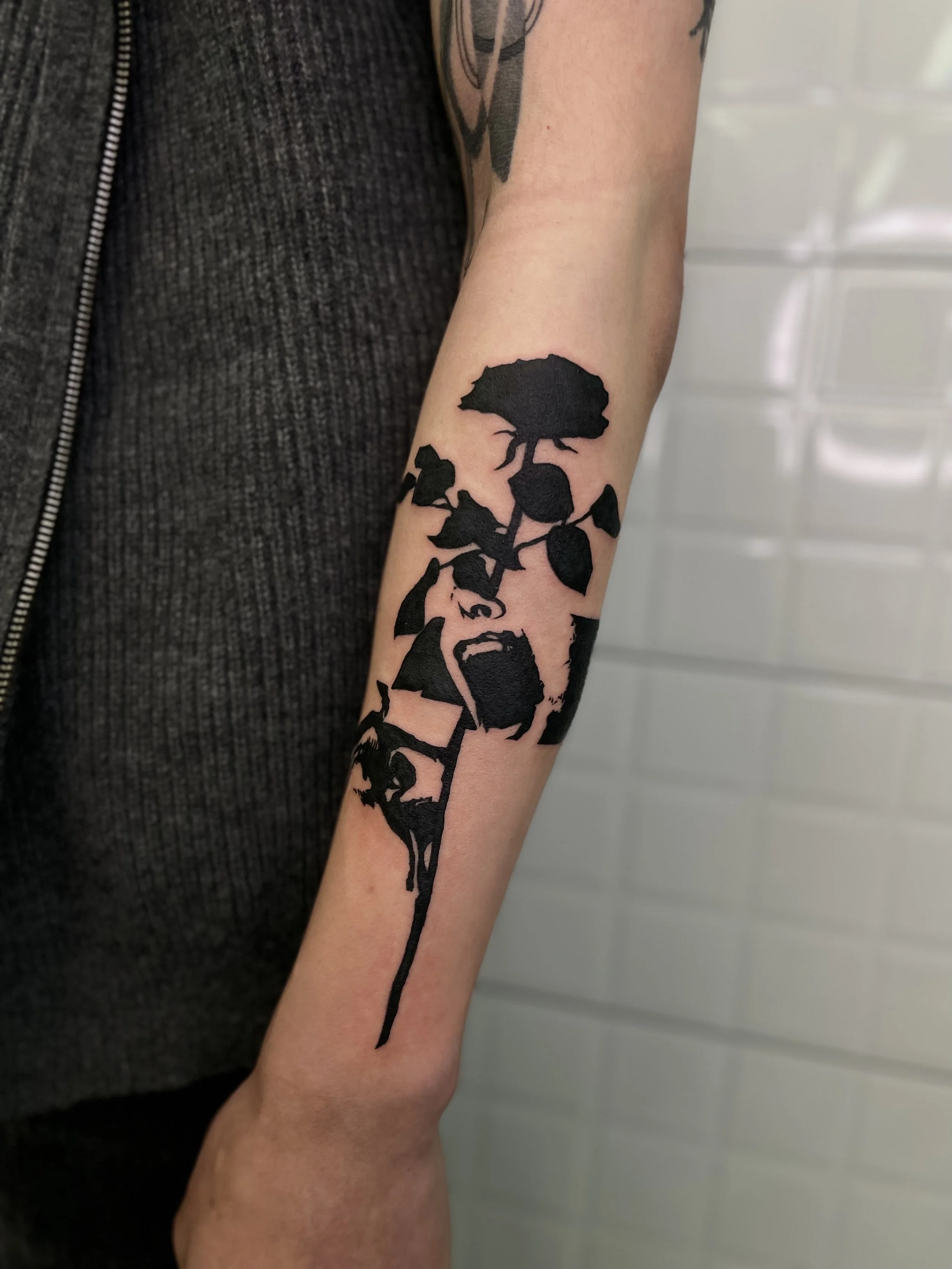 CAIN immaculate scar style Brooklyn NYC tattoo artist blackwork forearm black rose tattoo