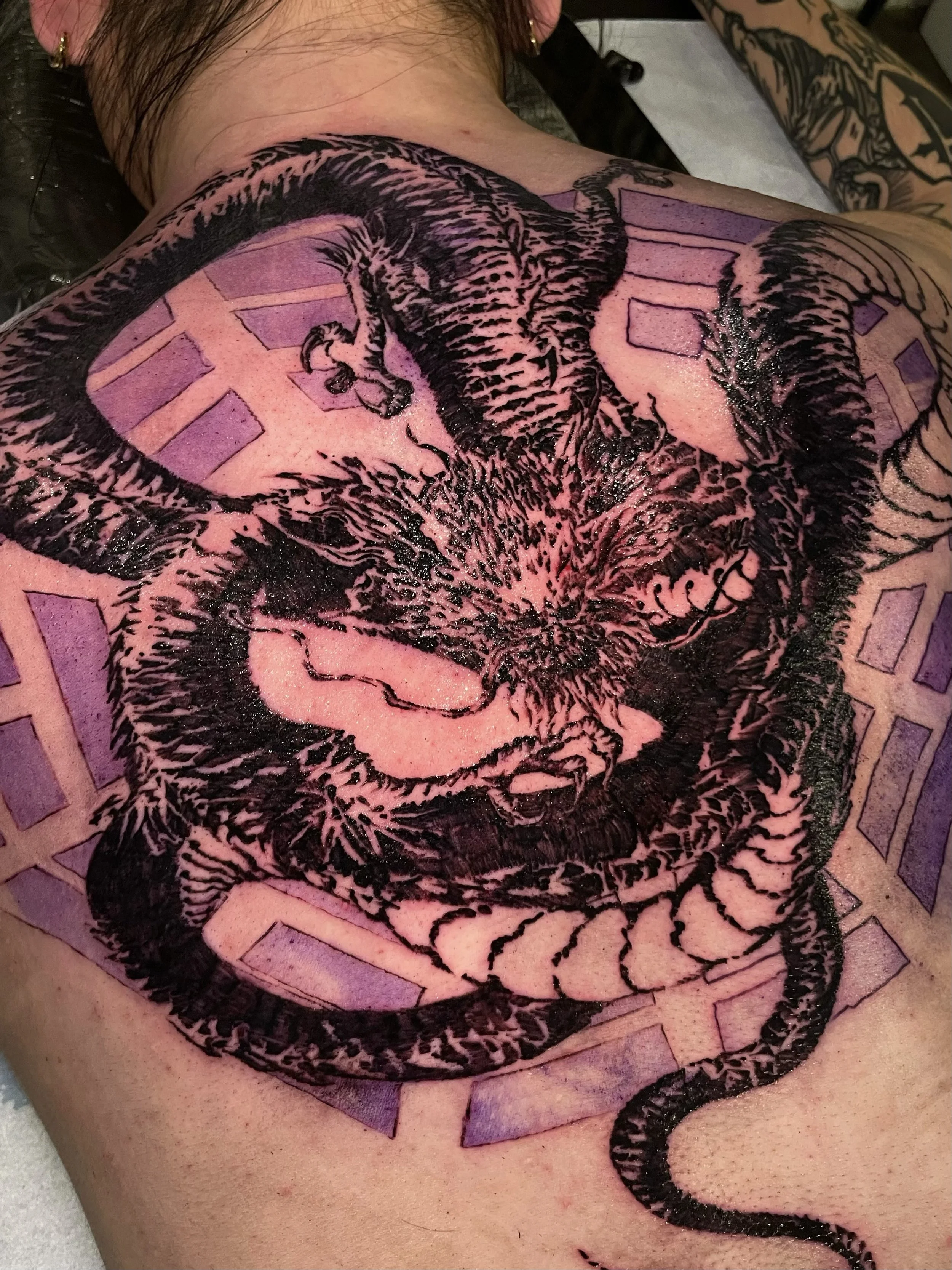 CAIN immaculate scar style Brooklyn NYC tattoo artist blackwork full back back piece cover up epic dragon tattoo