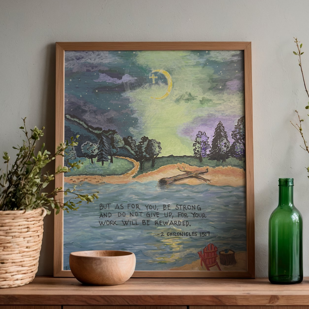 lakeside scene with greenish sky