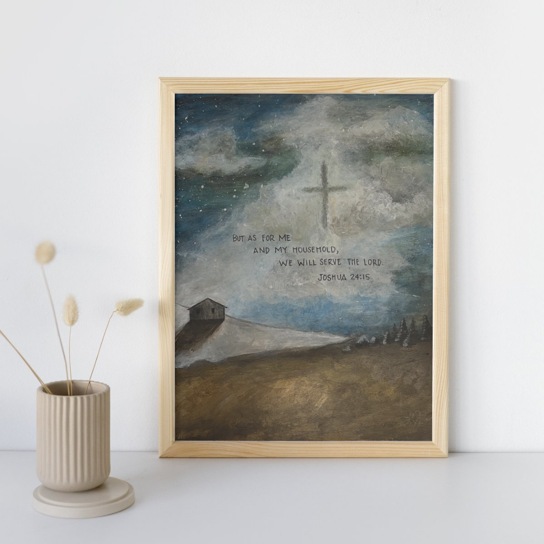 small cabin on a prairie with a cross illuminated in the sky