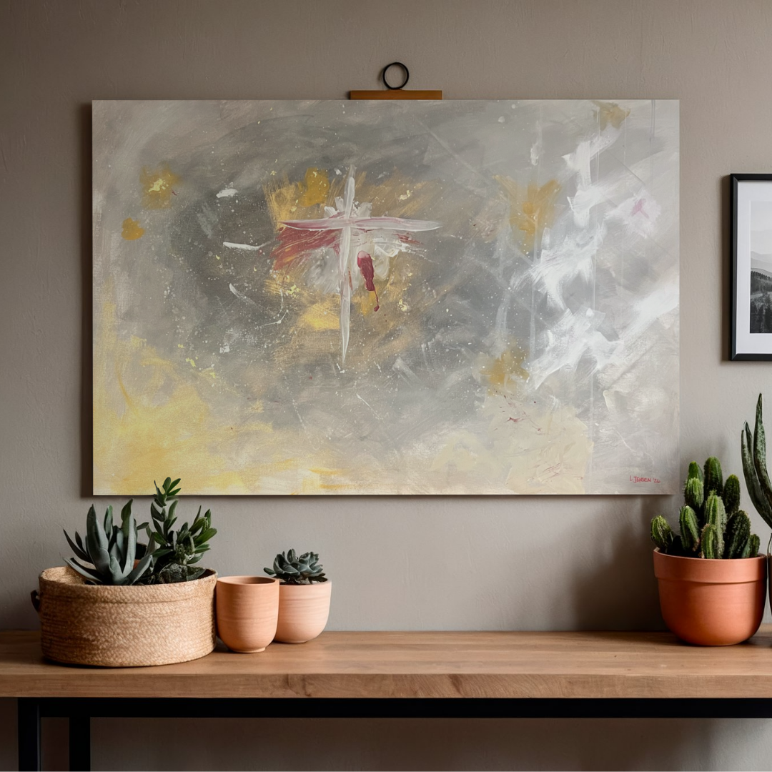 gray, gold and white background with gold flecks and white cross with smears of red