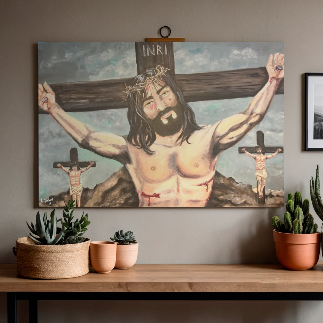 Jesus on the cross with two prisoners behind in the background
