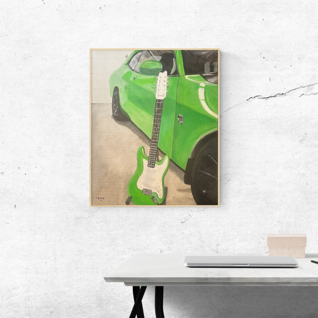 Lime green car next to a lime green guitar