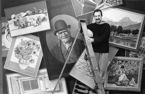 In 1994 I was commissioned to paint a mural of popular prints of the time (by Robert Jansen for Rosslyn Gallery) and managed to sneak in one of Dad's Mt. Cook landscapes (behind my left shoulder).