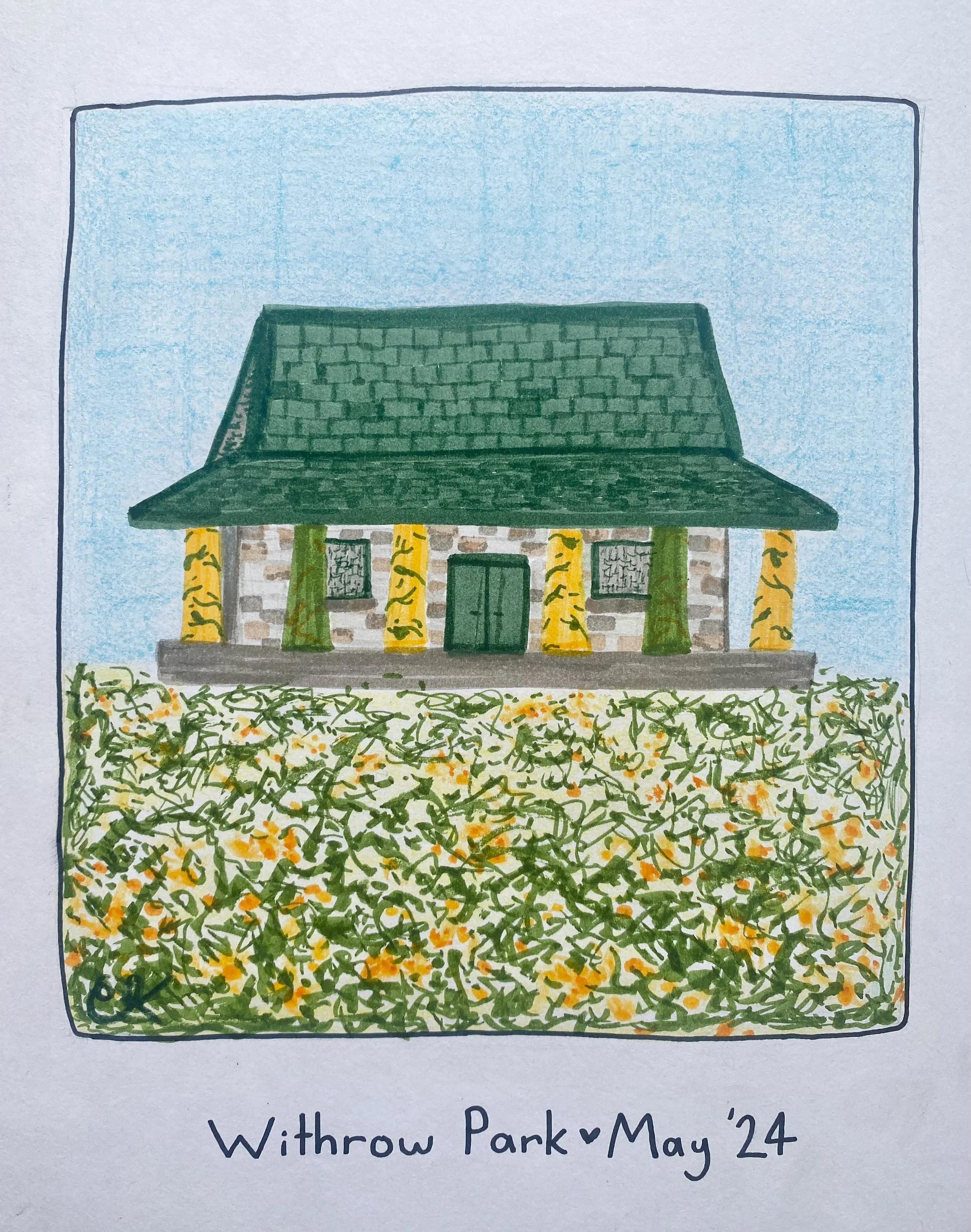 "Clubhouse" - 8.5" x 11", pencil crayon and marker. 2024