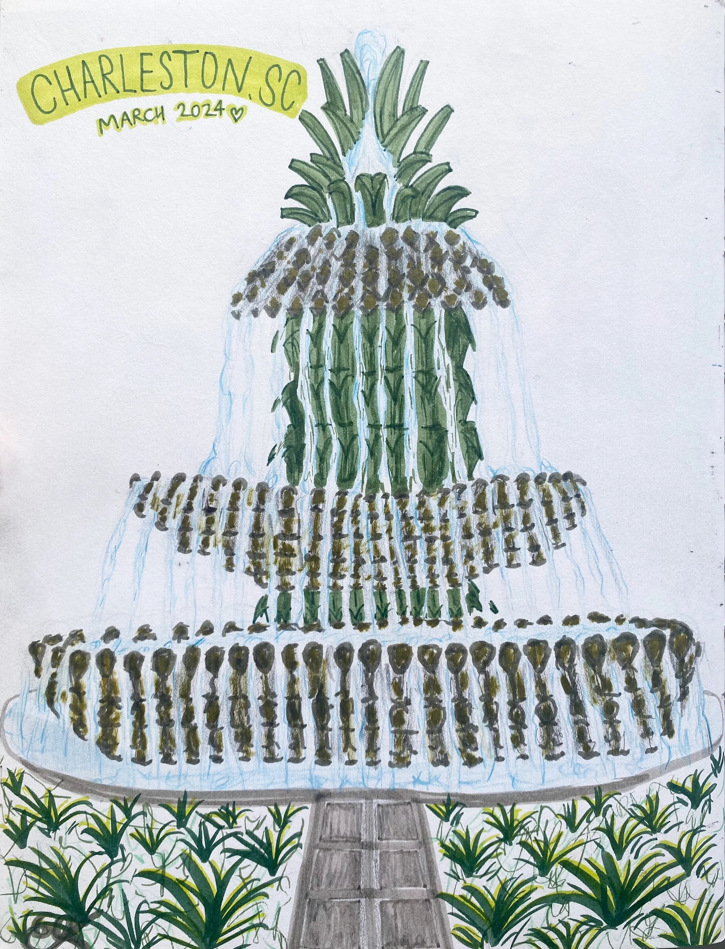 "Pineapple Fountain" - 8.5" x 11", pencil crayon and marker. 2024