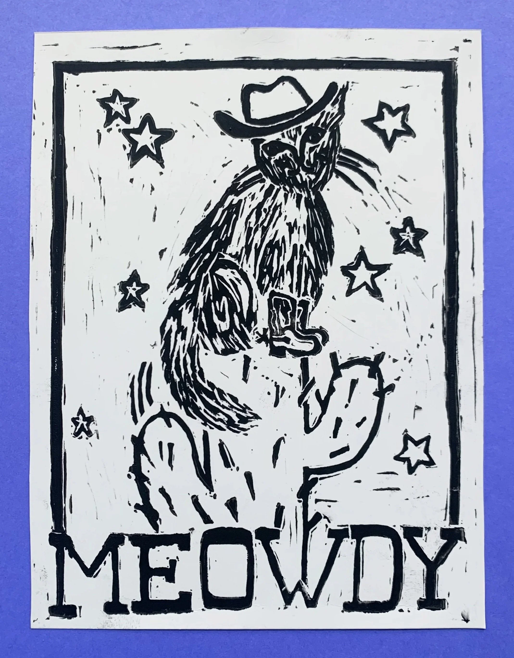 "MEOWDY 2.0", Linocut print, 6.25 x 8.25", 2024
