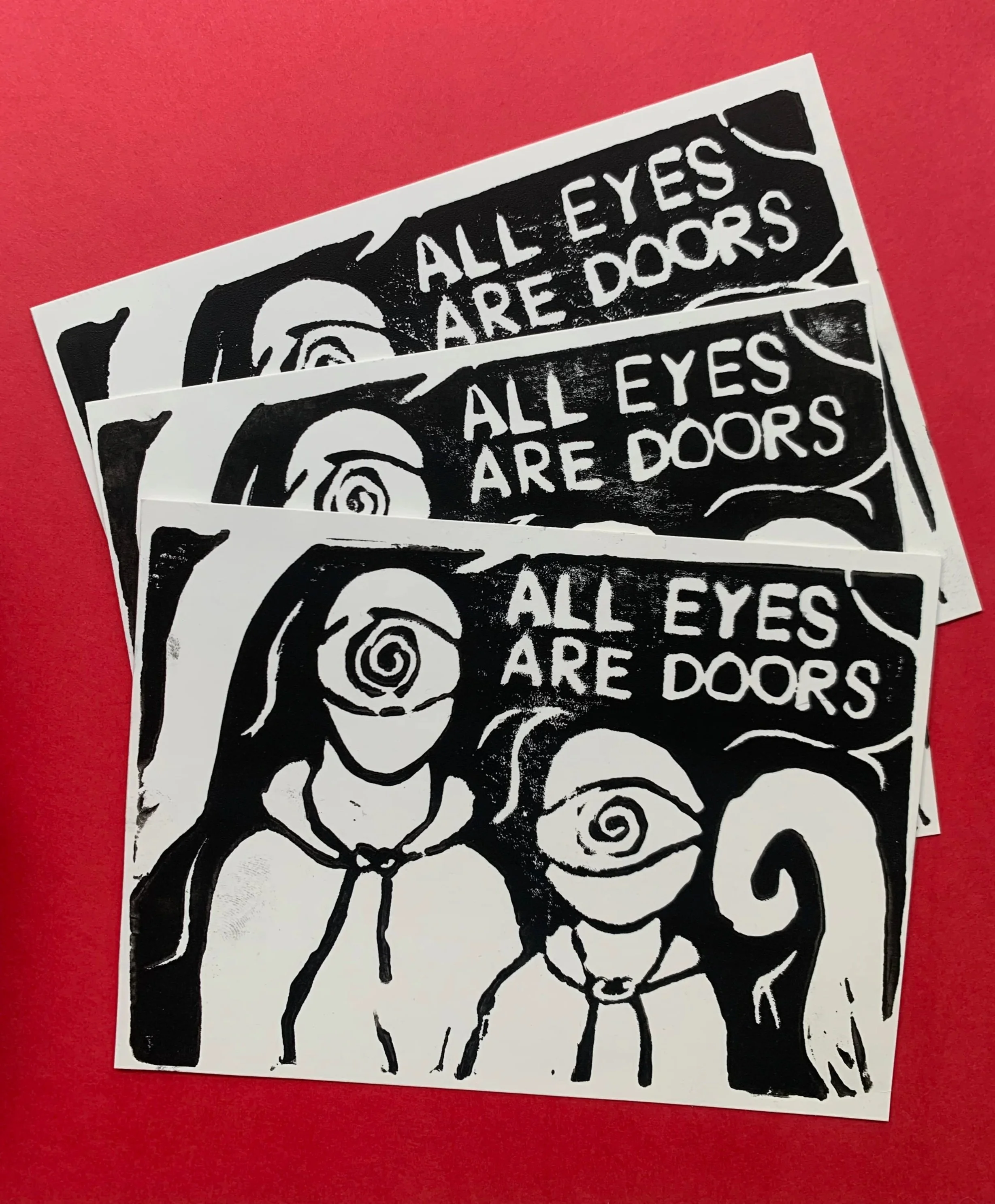 "ALL EYES ARE DOORS", Linocut Print, 4.25" x 6.25", 2024
