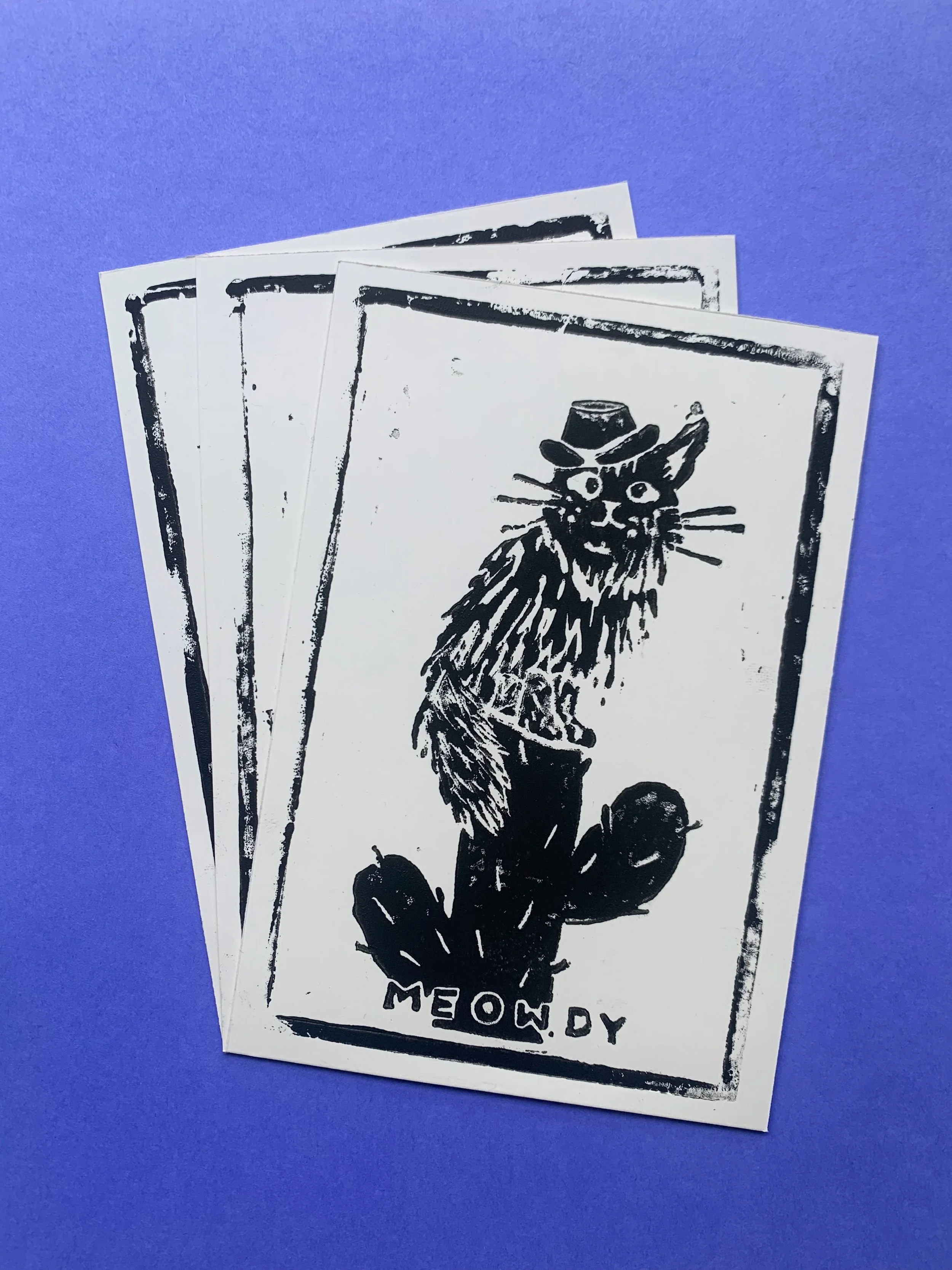 "MEOWDY 1.0", Linocut print, 4.25" x 6.25", 2023