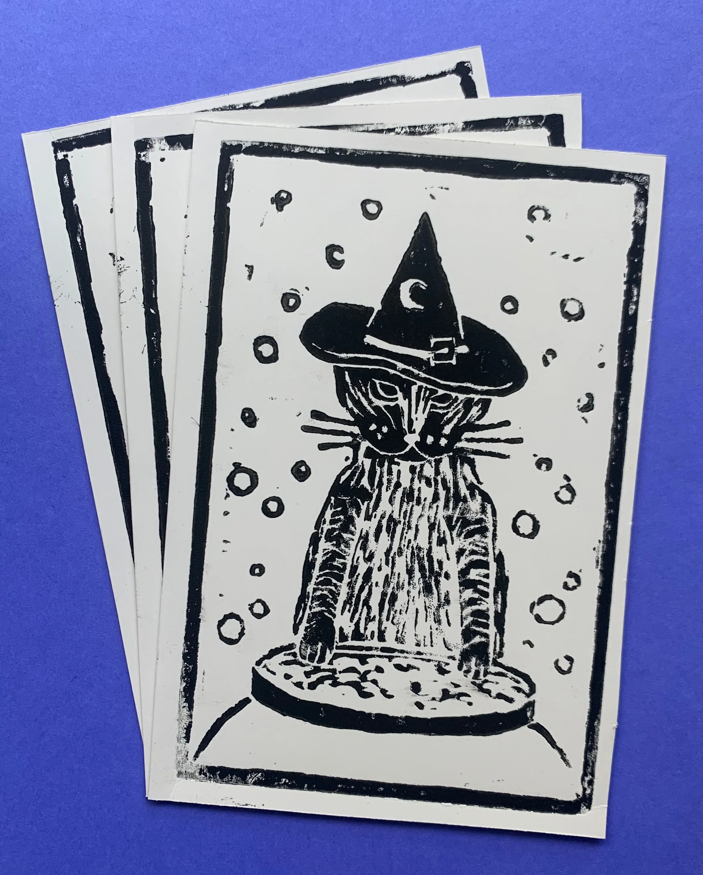 "Ragnar the Witchcat", Linocut print, 4.25" x 6.25", 2023