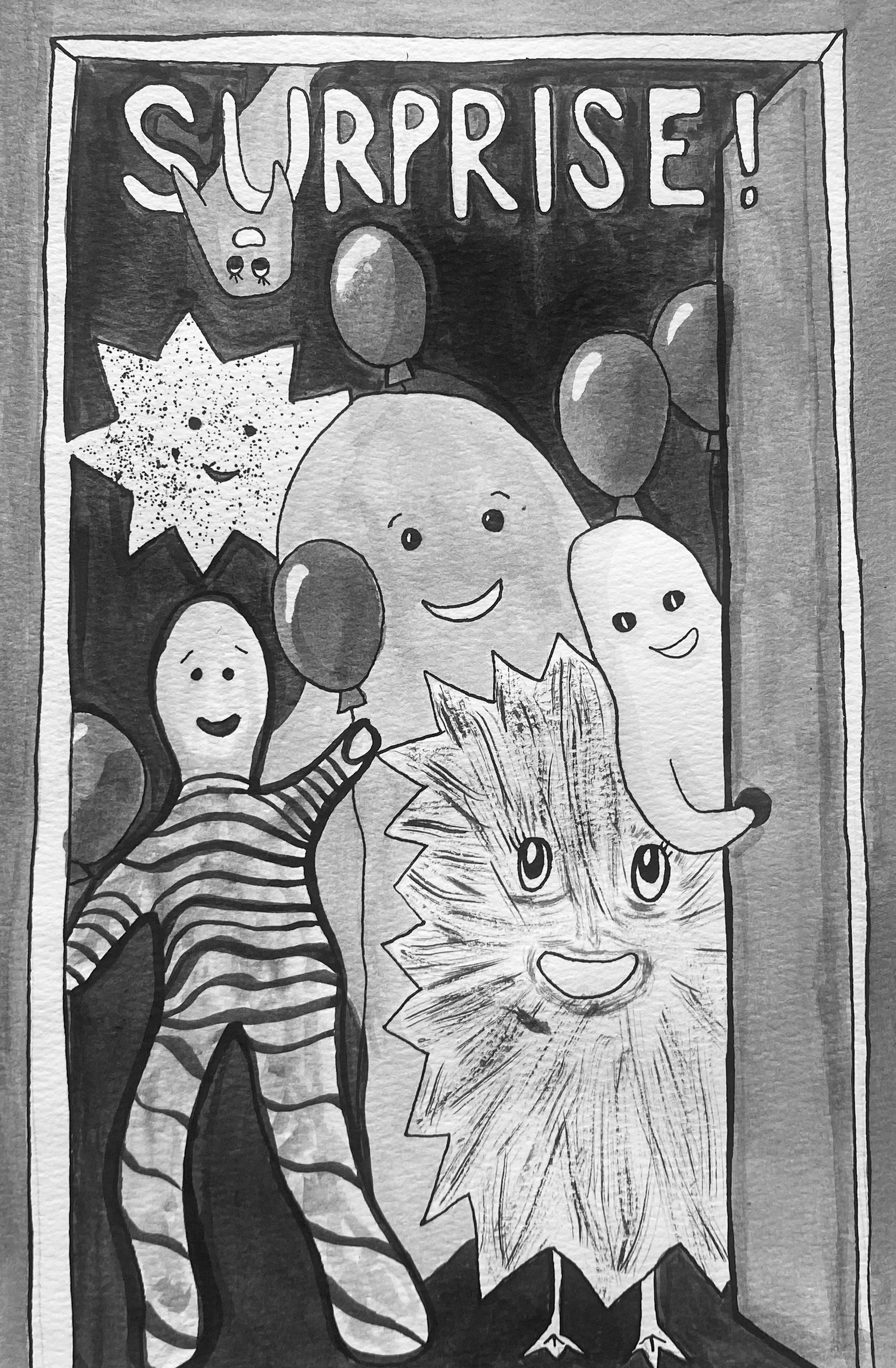 "SURPRISE!" - 7" x 10", india ink. 2026