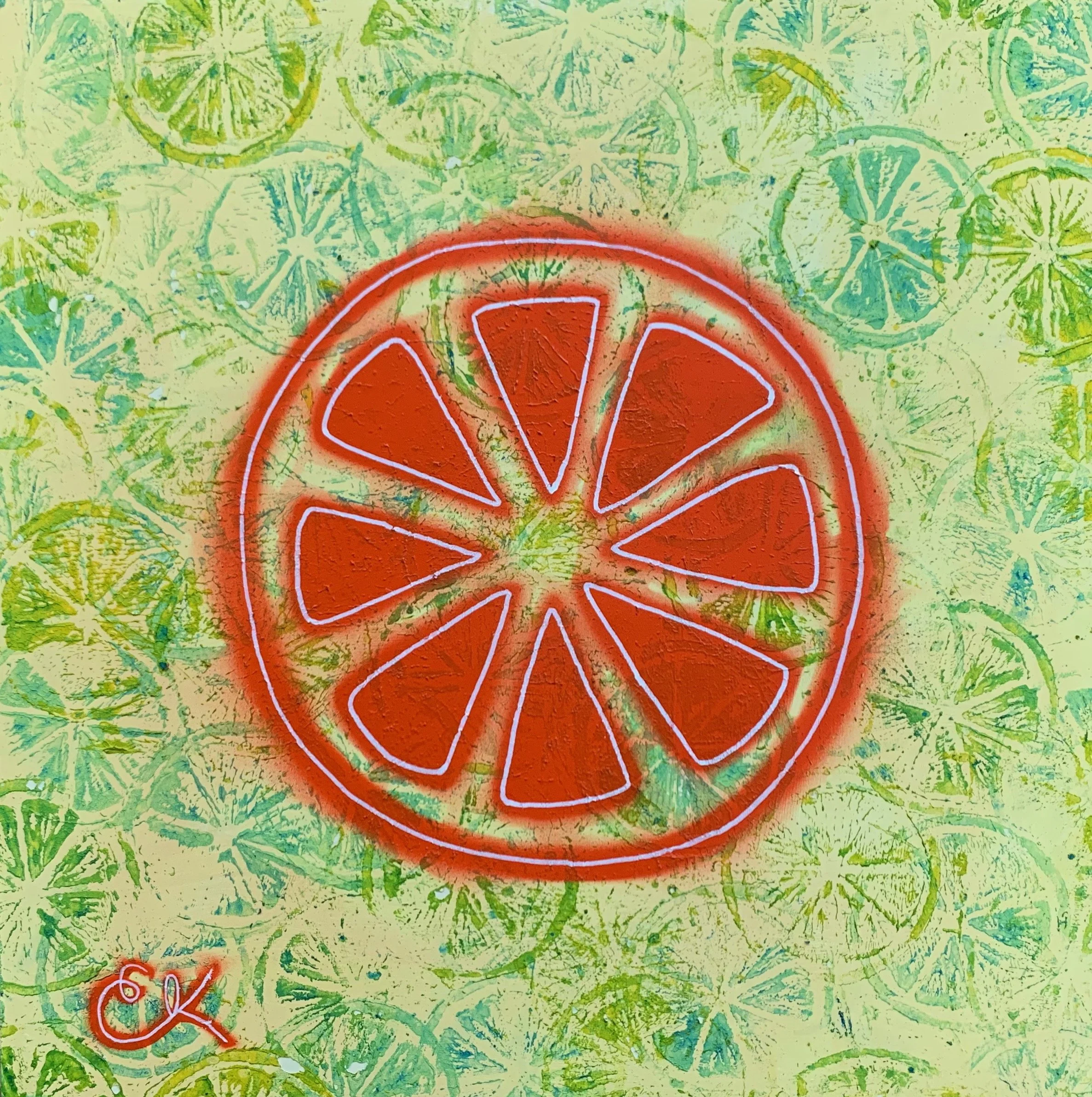 Citrus Square - 12" x 12", spray paint, acrylic paint, linocut, and stencils on wood. 2023