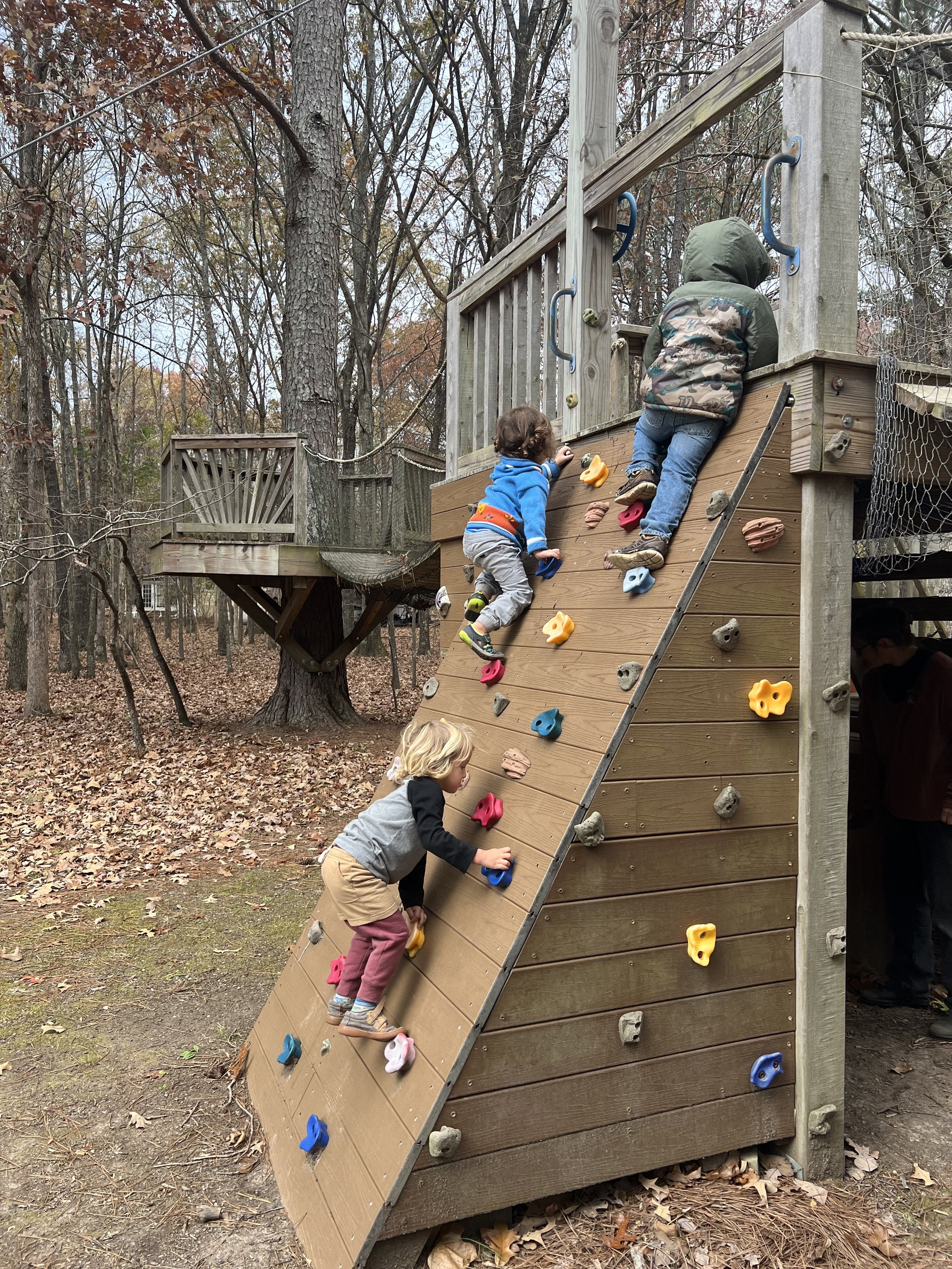 Children climbing a wooden playground wall with colorful holds in a forest setting.