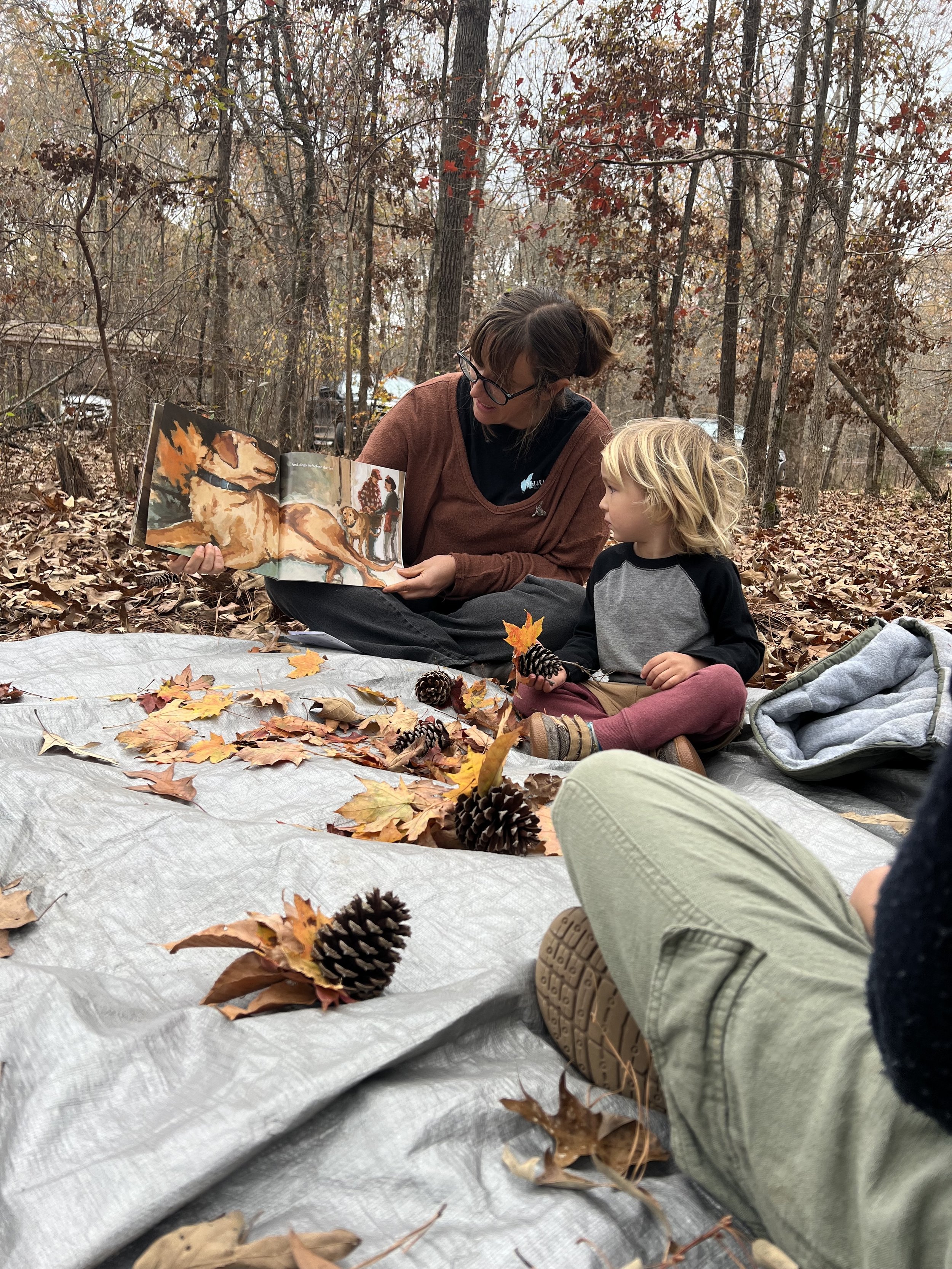An adult and a child sitting on a tarp in a forest, surrounded by autumn leaves and pinecones, reading a picture book together.