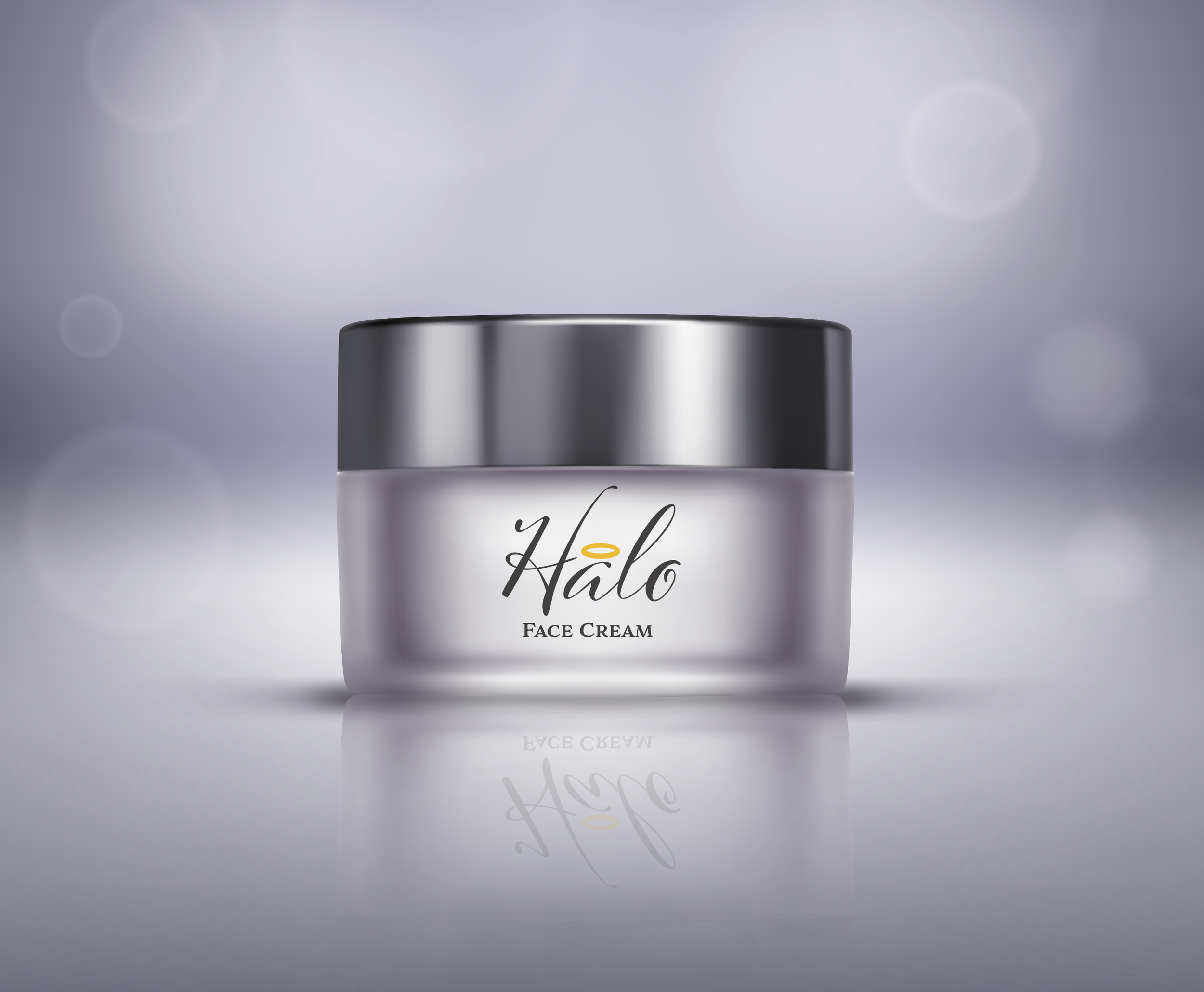 A silver jar of Halo face cream on a reflective surface with a blurred, gray background.