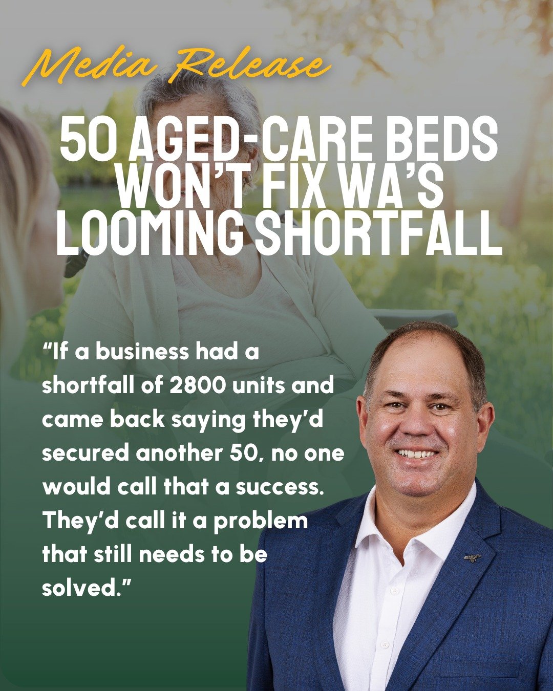 50 beds.

That&rsquo;s all WA may get from a $115 million federal aged care package.

But we need around 2,800 more beds by 2030.

That gap matters &mdash; especially for regional families.

Right now, people in the South West are already being force