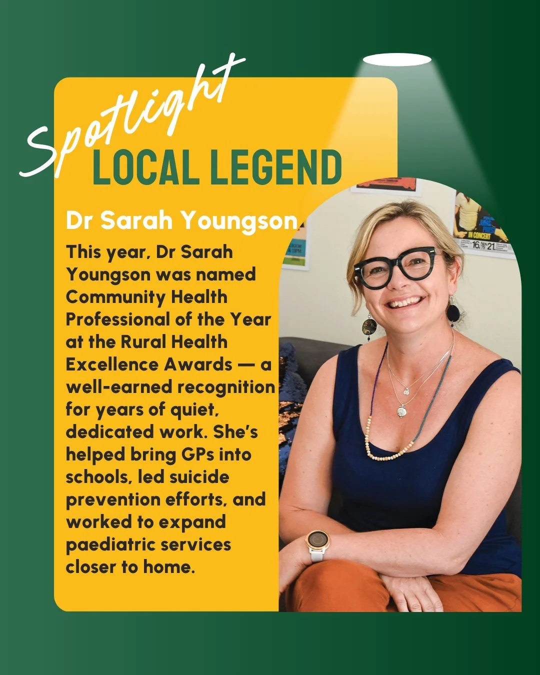 A true local legend in Bridgetown 👏

Dr Sarah Youngson has been named Community Health Professional of the Year &mdash; and it&rsquo;s easy to see why.

For more than a decade, Sarah has been quietly getting on with the job.

Backing better mental h