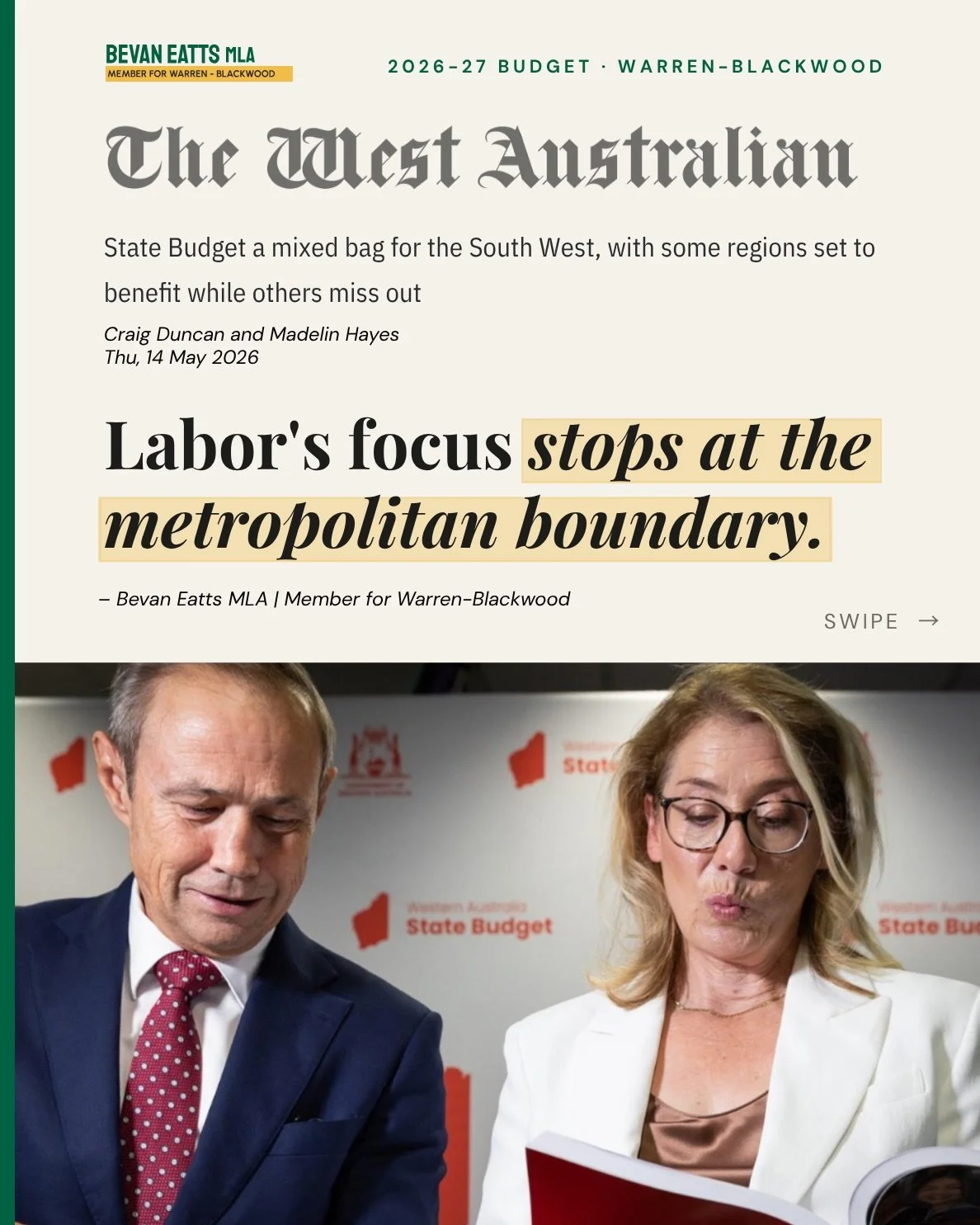 A $3.5 billion surplus. And Warren-Blackwood got almost nothing.

No hospital funding. No DV refuge. No CT scanner at Manjimup. Labor&rsquo;s priorities stop at the metropolitan boundary.

I&rsquo;ll keep pushing until that changes.

Got something to