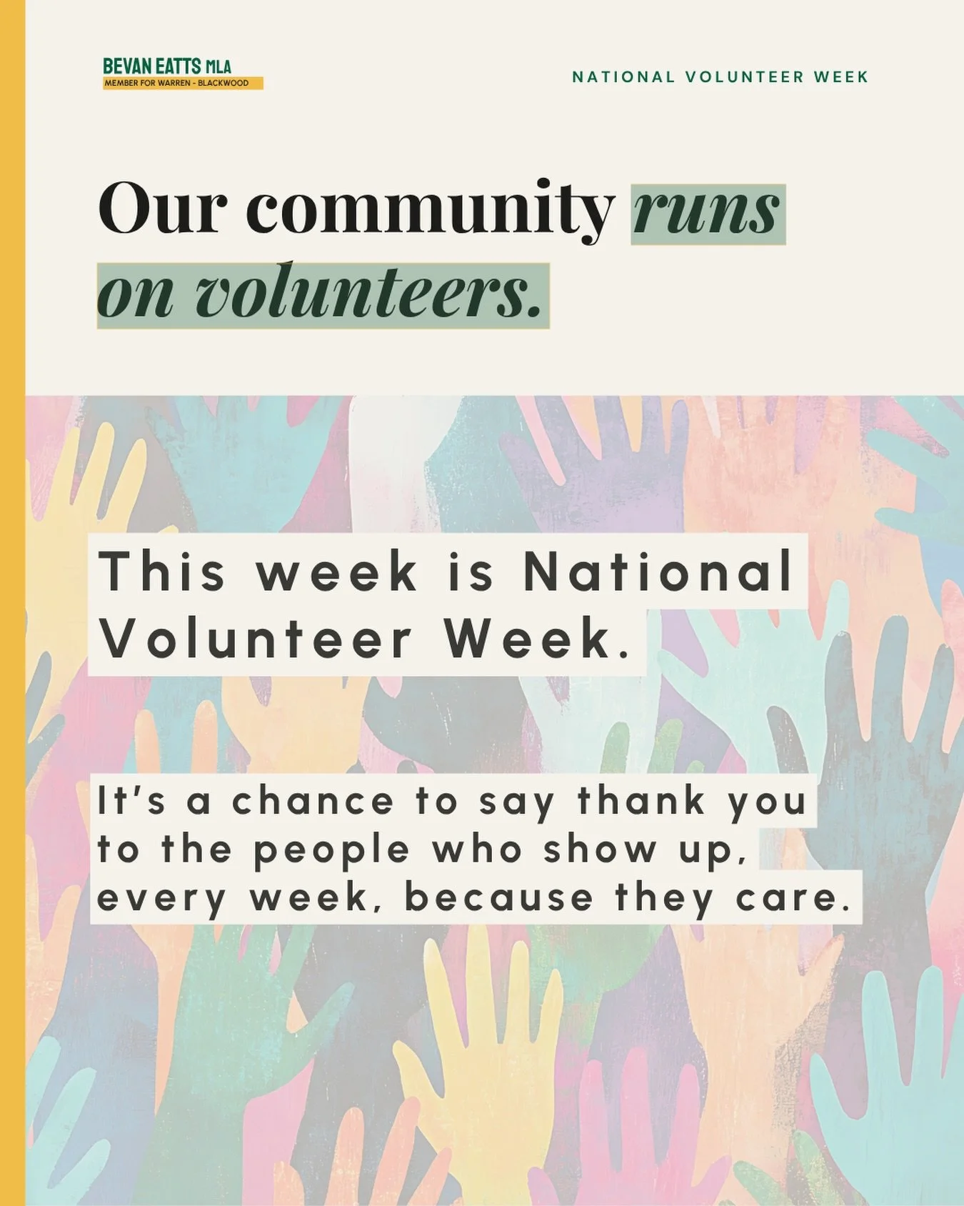 From emergency response to sport, health to conservation. Volunteers are the backbone of Warren-Blackwood. This National Volunteer week we celebrate the 1.5 million West Australians who make their communities stronger #nvw2026