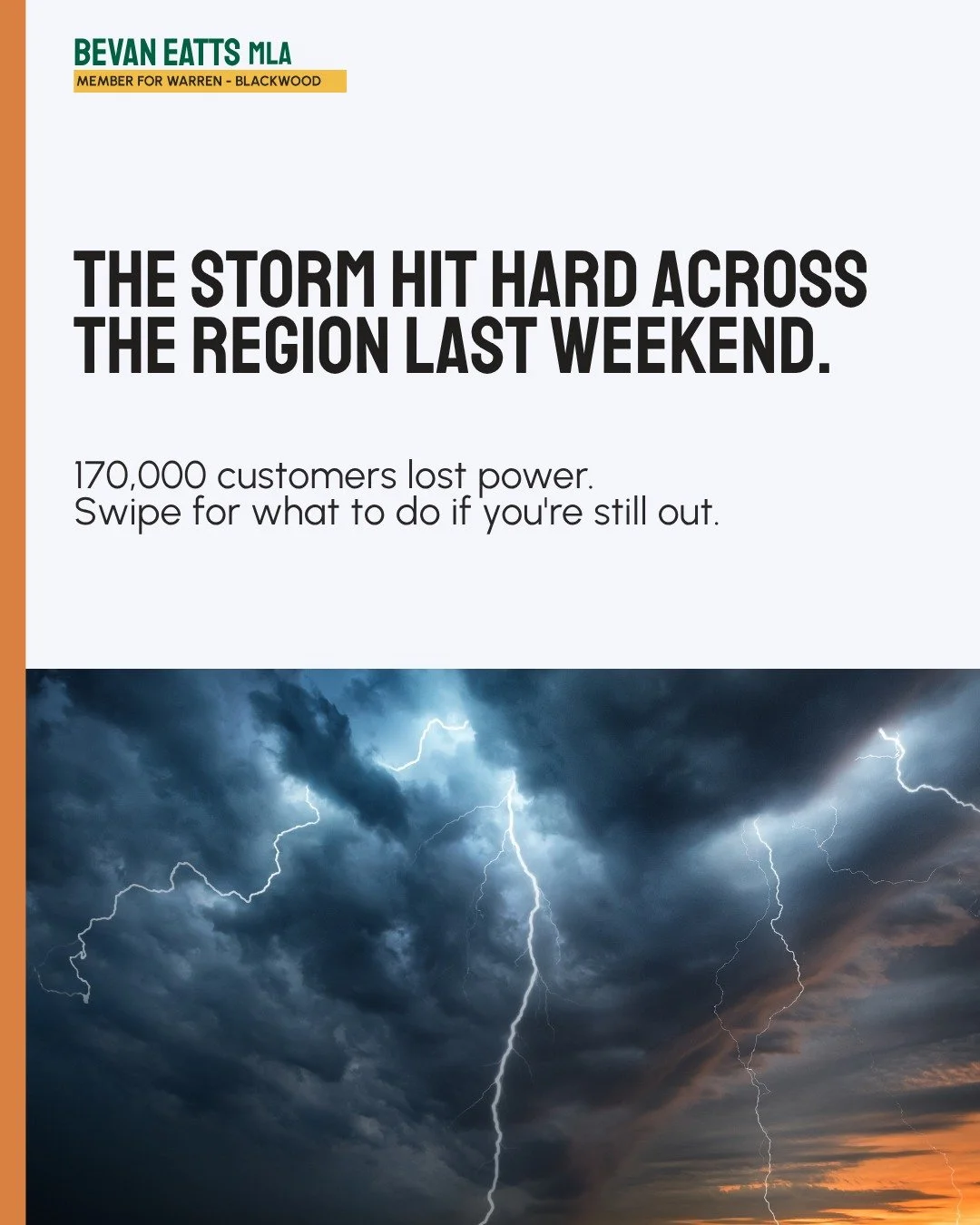 @westernpowerwa crews are working to restore power across the South West. Swipe for what to do if you're still out.