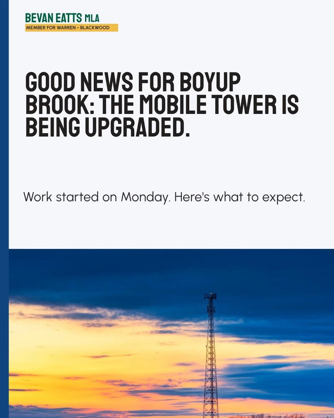 Good news for Boyup Brook: the Telstra mobile tower is being upgraded.

Work started on Monday and will run for around seven days. While it&rsquo;s underway, Telstra mobile services in the area will be intermittently offline, for up to 10 hours at a 