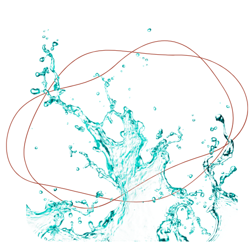 Splash of water with blue droplets and red lines on a black background.