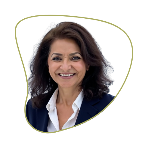 Smiling woman with dark hair, wearing a navy blazer and white shirt, against a green and dark blue background.