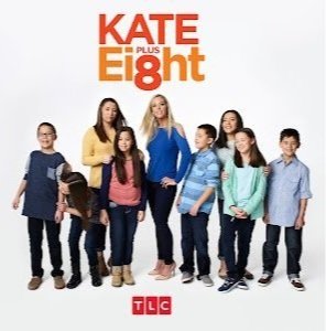Promotional image for TV show 'Kate Plus Eight' featuring a woman with eight children.