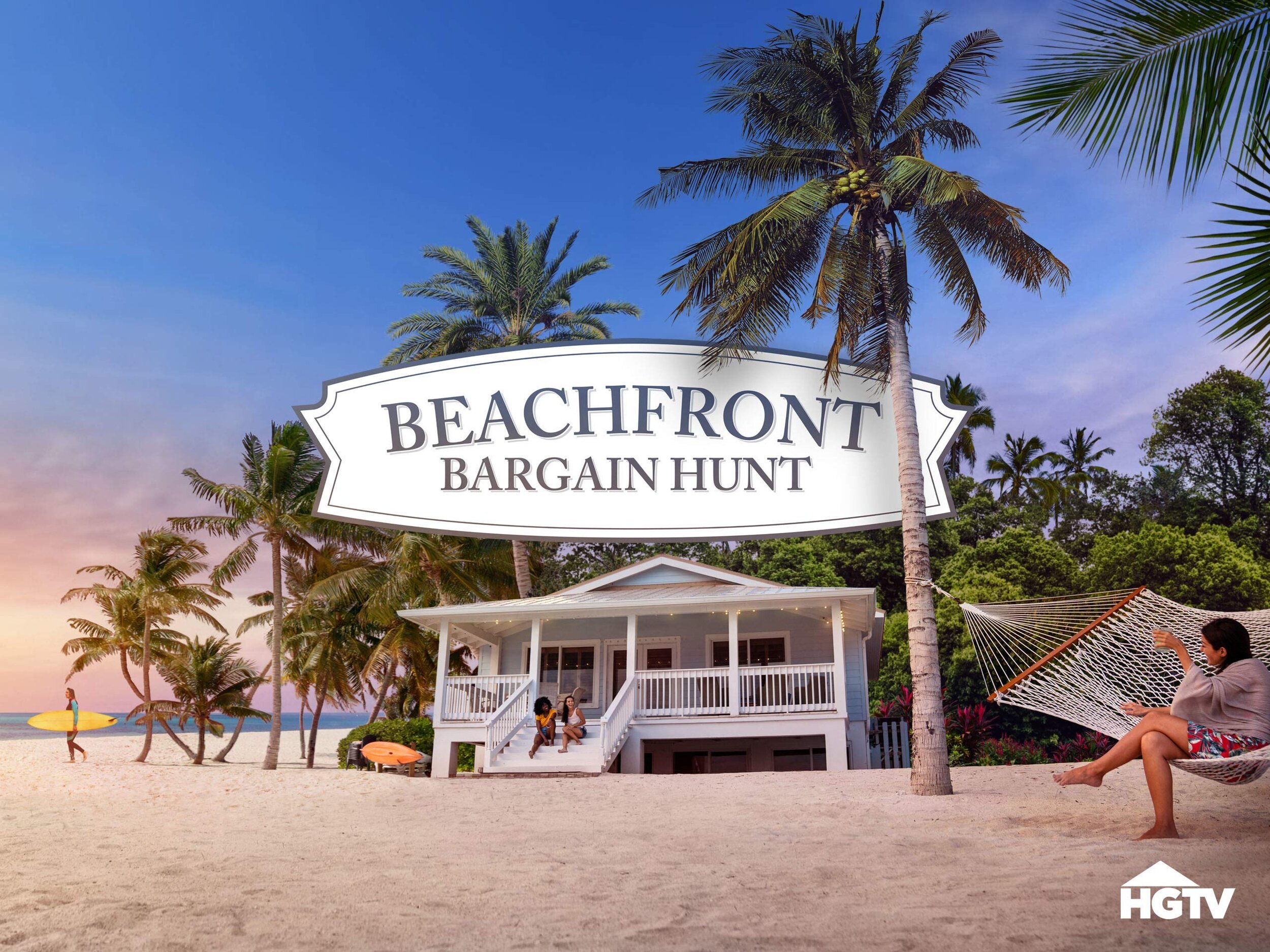 Beachfront scene with "Beachfront Bargain Hunt" text overlay, featuring a beach house surrounded by palm trees, a person walking with a surfboard, and another person relaxing in a hammock. HGTV logo present.