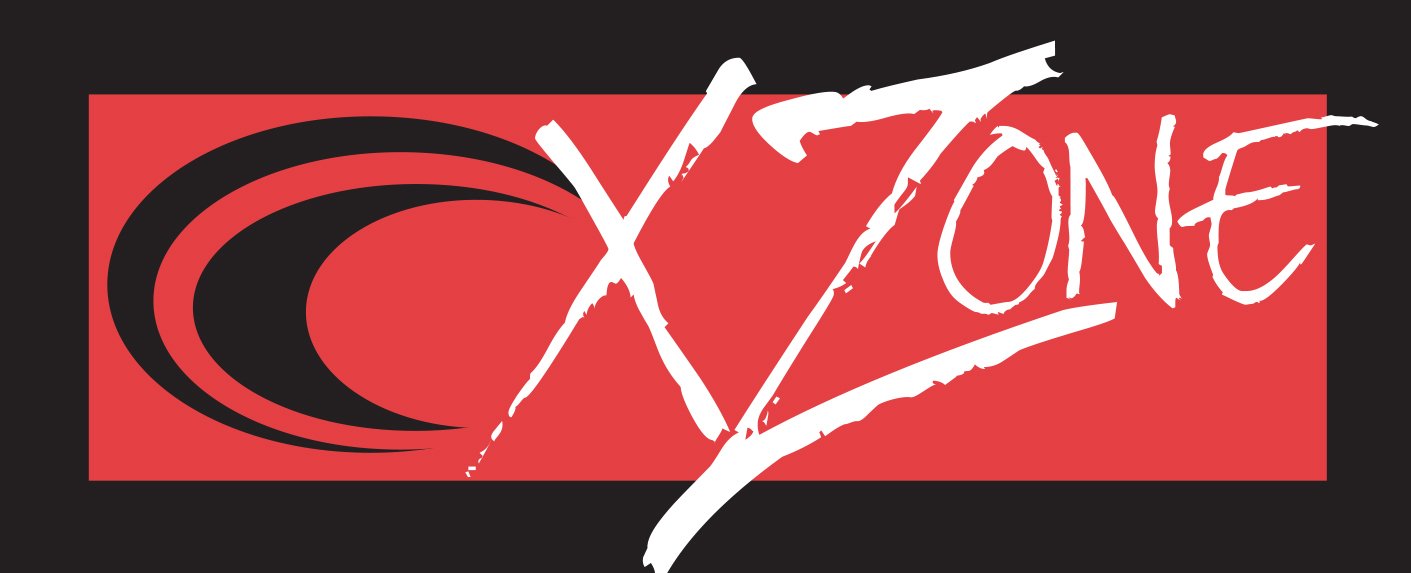 "XZone" logo with red background and black wave design.