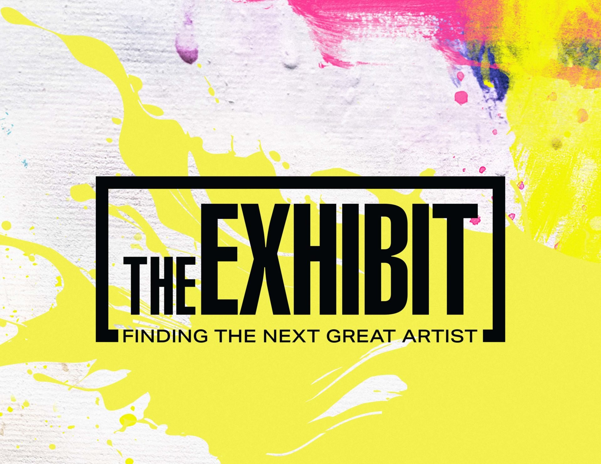Abstract art with text "The Exhibit: Finding the Next Great Artist" over colorful paint splashes.