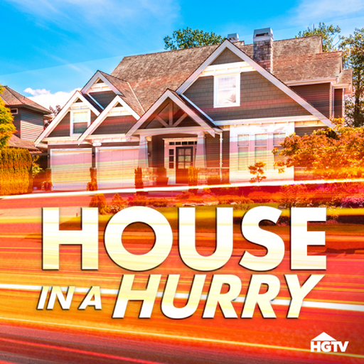 A modern suburban house with large text overlay reading 'House in a Hurry' and the HGTV logo in the corner, featuring dynamic streaks of light across the foreground.