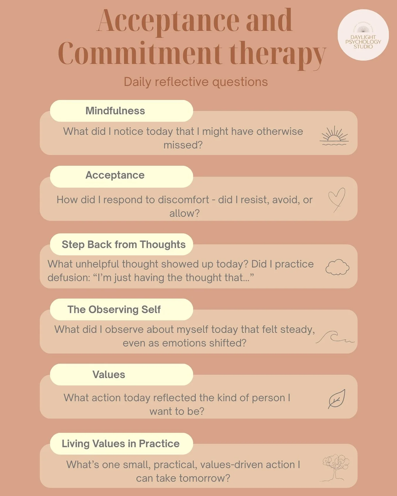 ☀️ Saturday ACT Check-In ☀️

Struggling with overwhelm, anxiety, or feeling stuck? These Acceptance and Commitment Therapy (ACT) daily check-in prompts can help us pause and reflect on what really matters.

Use these prompts to create more balance, b