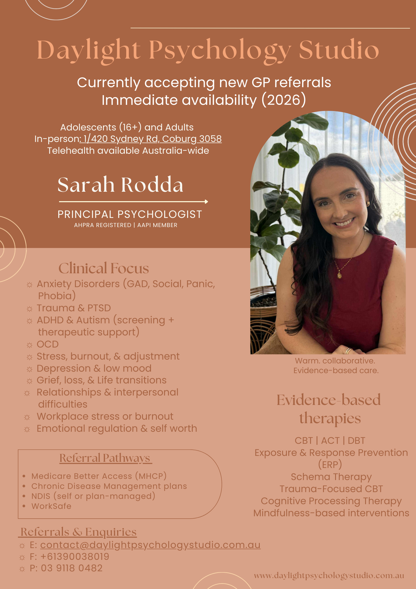 Daylight Psychology Studio. Accepting new clients. 1/420 sydney road coburg 3058. Telehealth. Anxiety, panic, trauma. PTSD. ADHD. Autism. OCD. Medicare Better Access (MHCP) •	Chronic Disease Management plans •	NDIS (self or plan-managed) WorkSafe