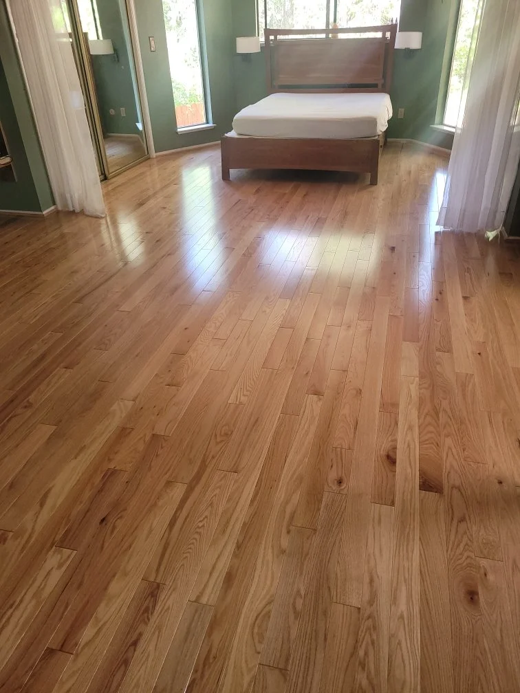 Bedroom with hardwood floors, a bed with white bedding, green walls, and large windows with curtains.