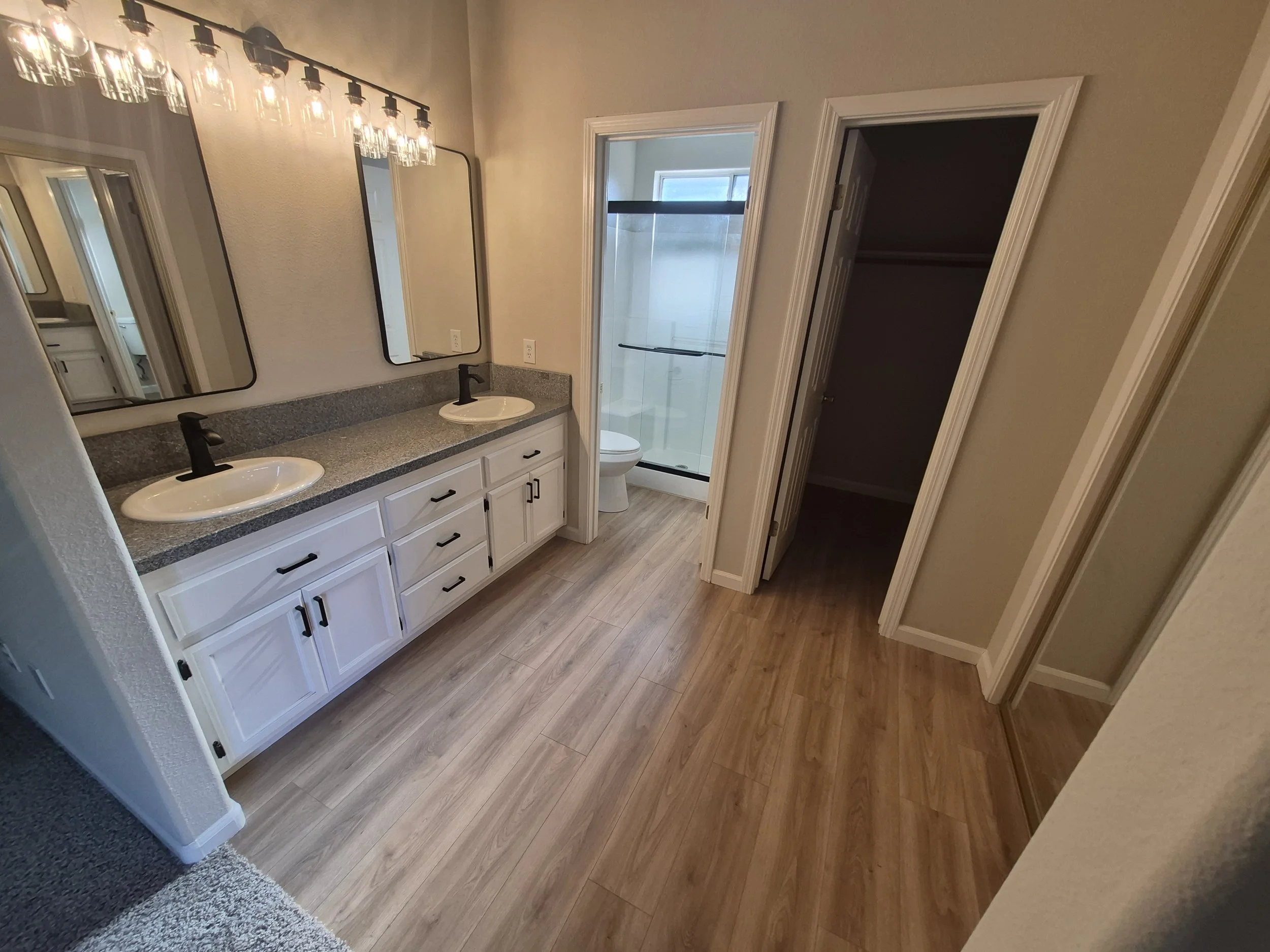 Bathroom with a double vanity sink, two mirrors, a light fixture, a closet, and a shower with frosted glass doors.