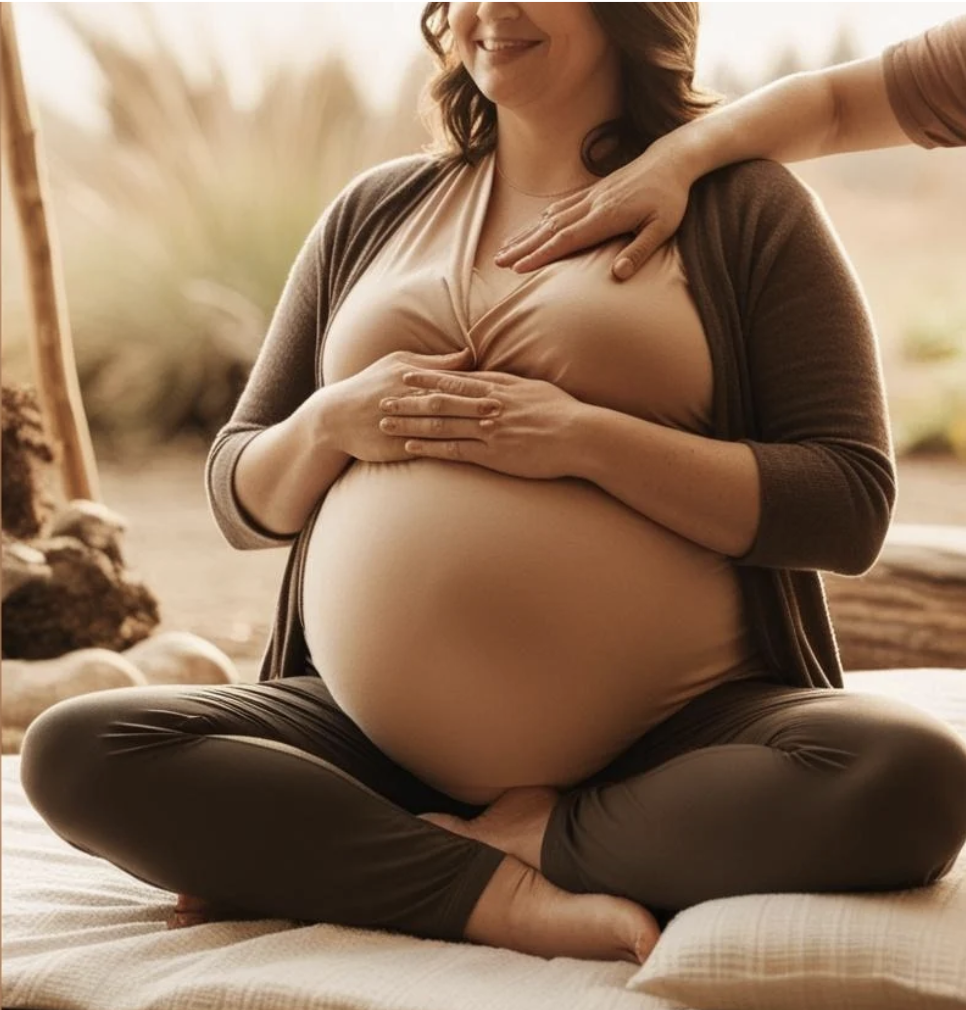 Pregnant person sitting cross-legged receiving hands-on support from a doula.