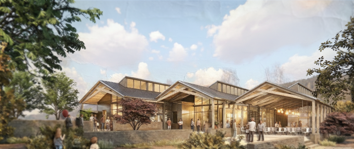 Community destination at the corner of a public park and gateway to a district