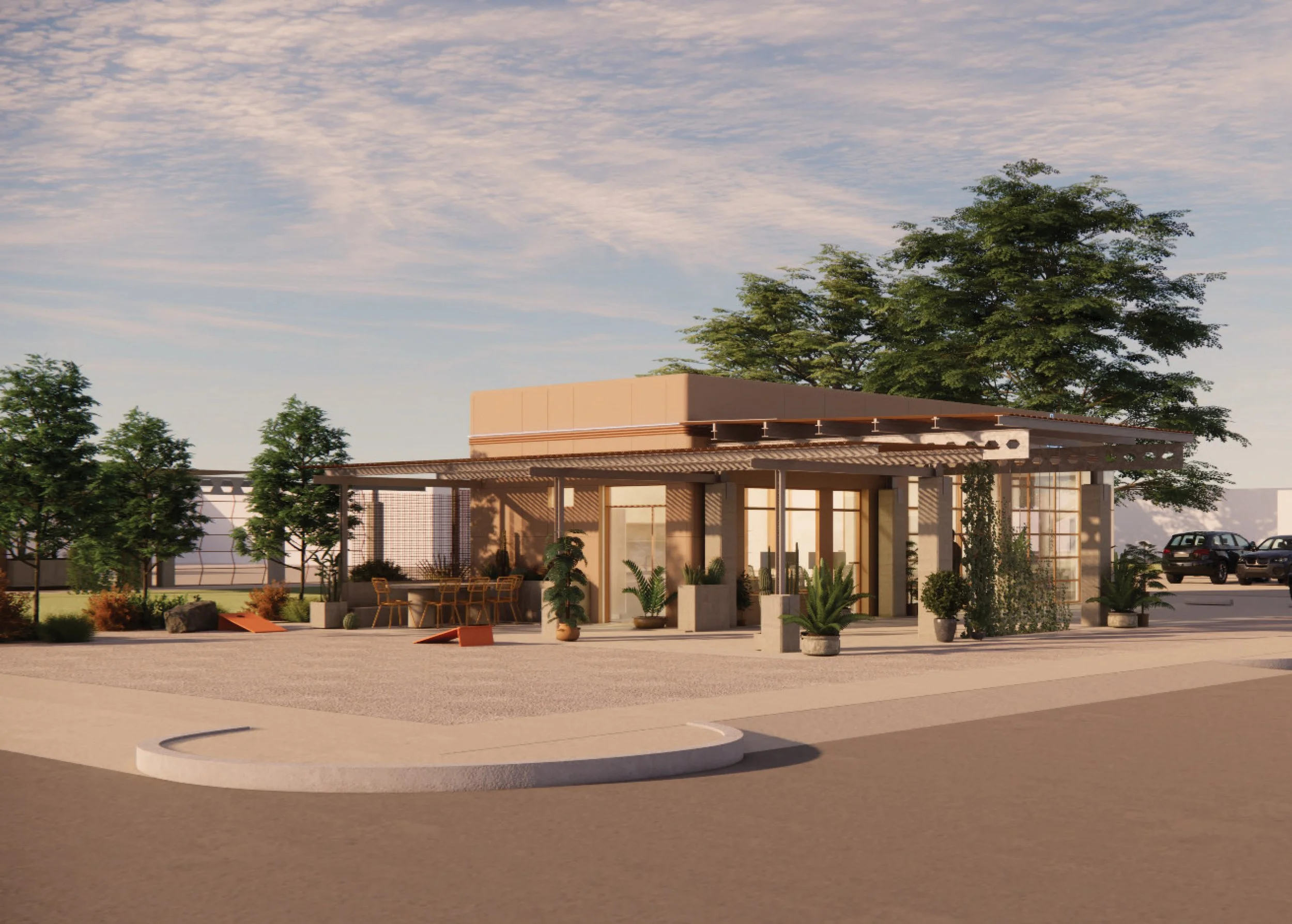 Street corner in Waco with re-imagined gas station