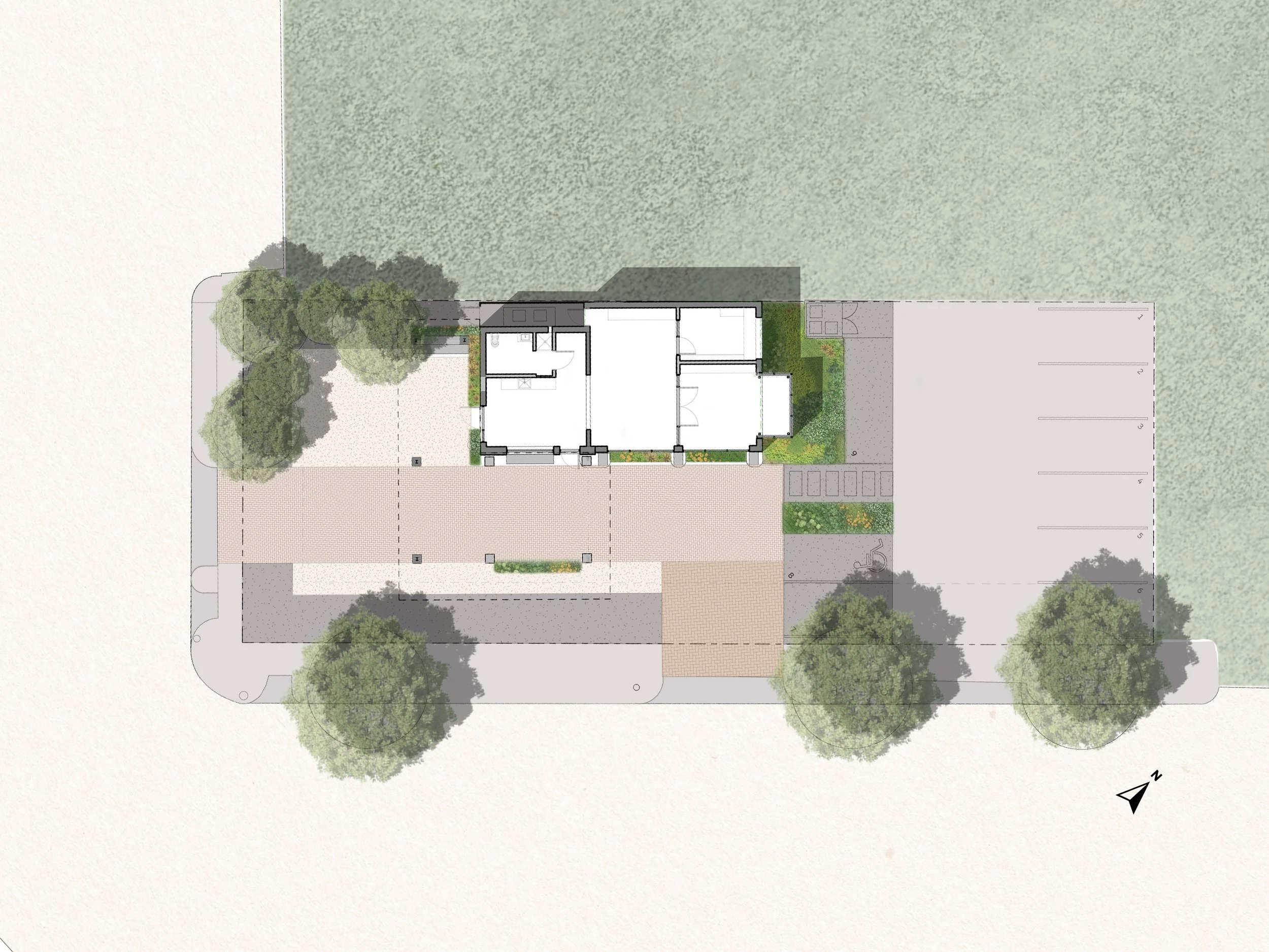 Site plan of former gas station converted to studio space on Waco Franklin Ave