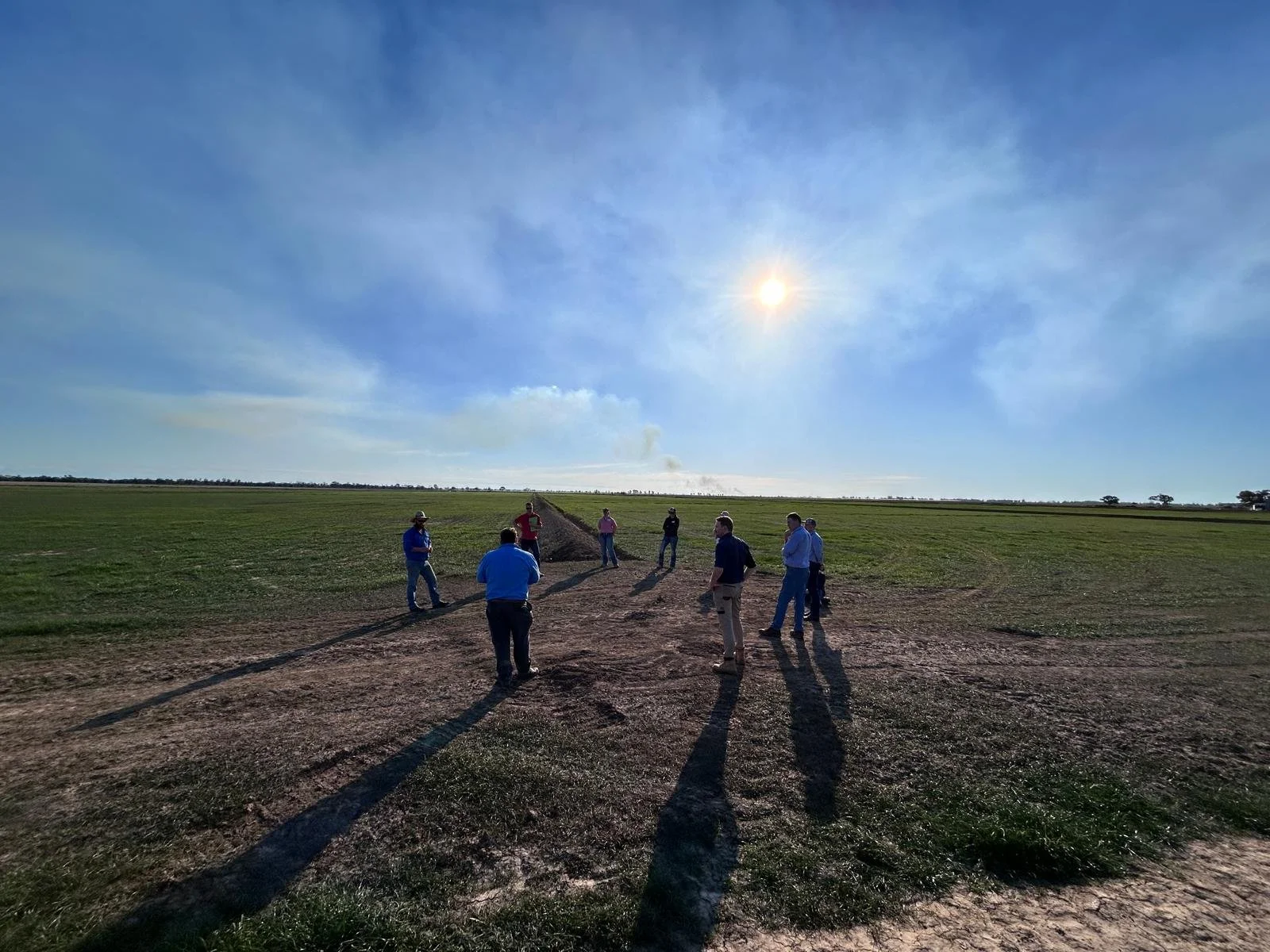 A group of people standing in an open rice field under a bright sun in the Riverina