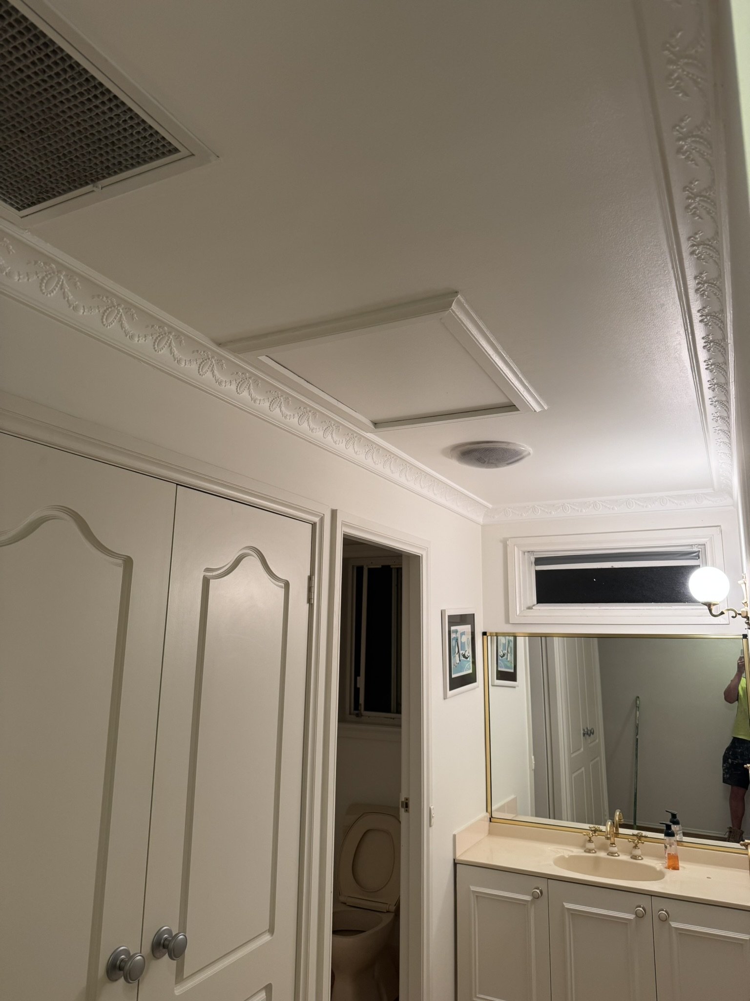 A bathroom with a white vanity, mirror, and wall art, and a visible toilet through an open door, with ceiling vents and decorative molding.