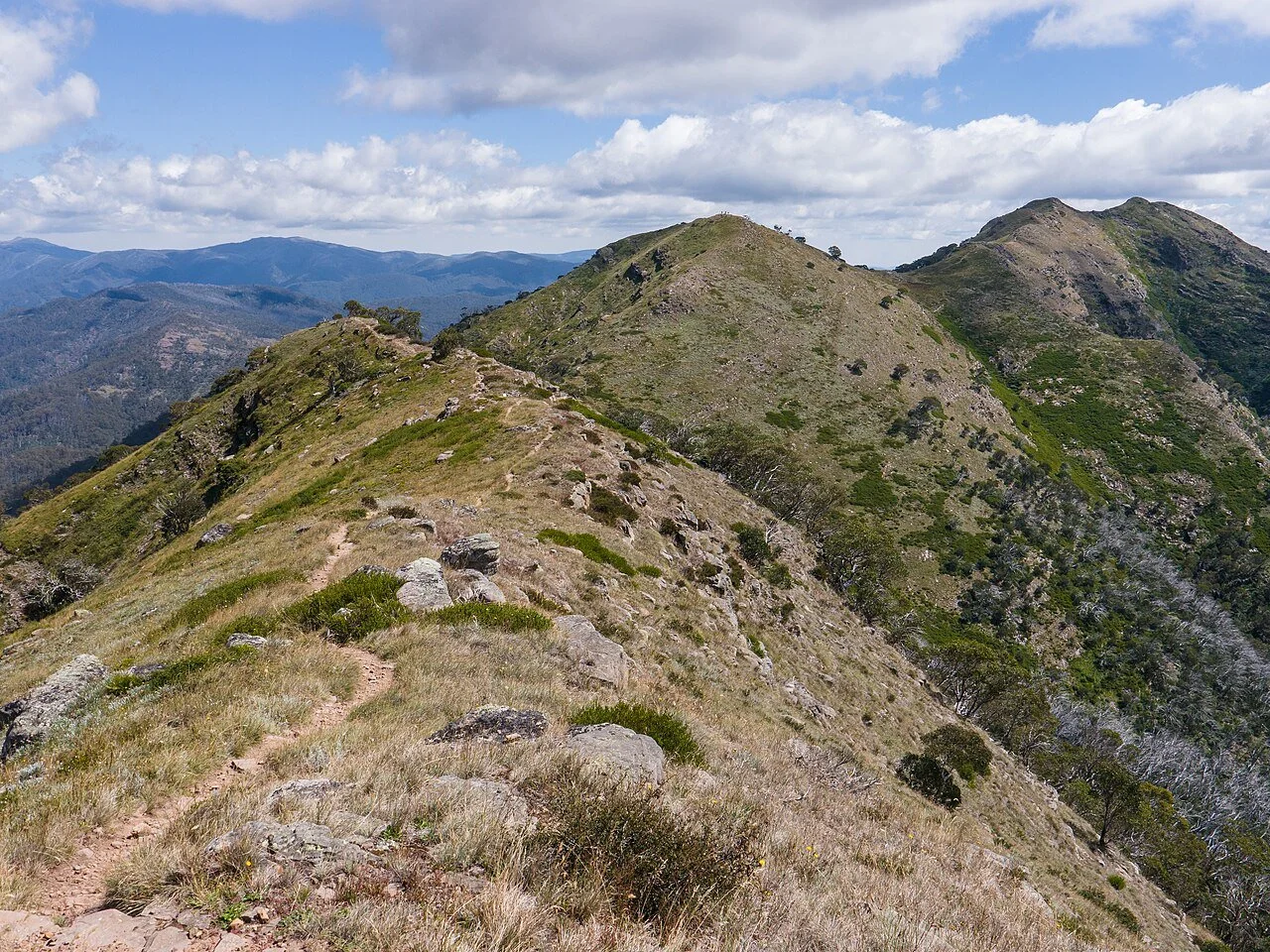 A mountain trail winding along a grassy ridge with rocky terrain and sparse trees, surrounded by green mountainous landscape under a partly cloudy sky.