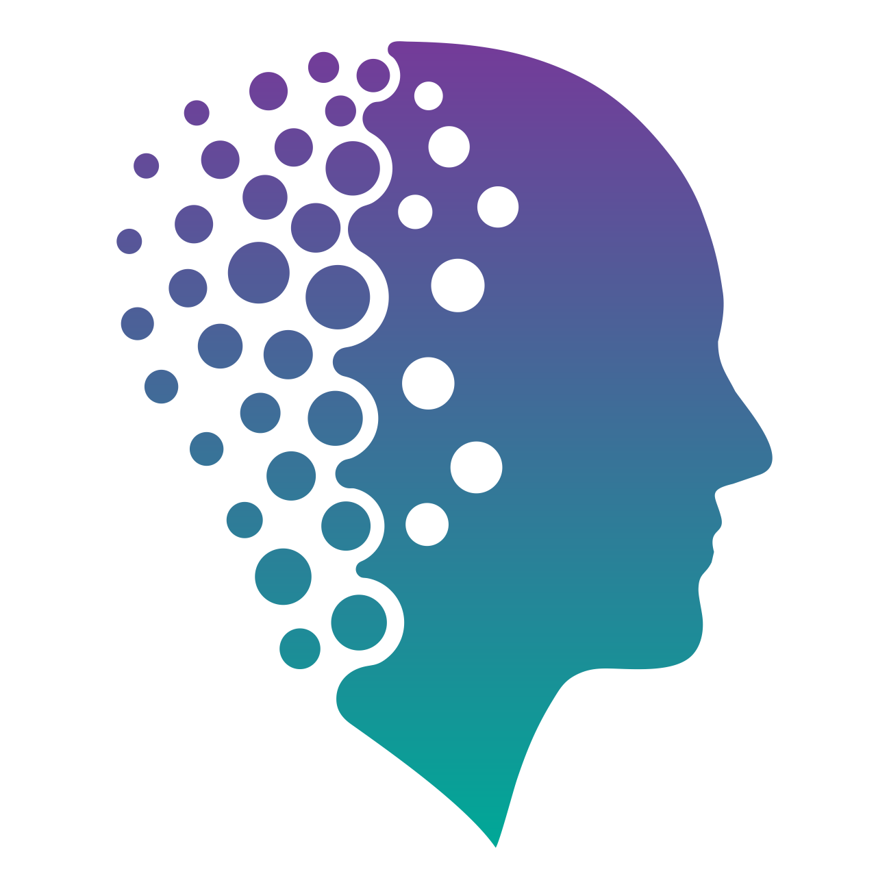 A stylized illustration of a human head profile with a digital circuit pattern on the left side, transitioning into a network of interconnected nodes and circles, representing artificial intelligence or technology.