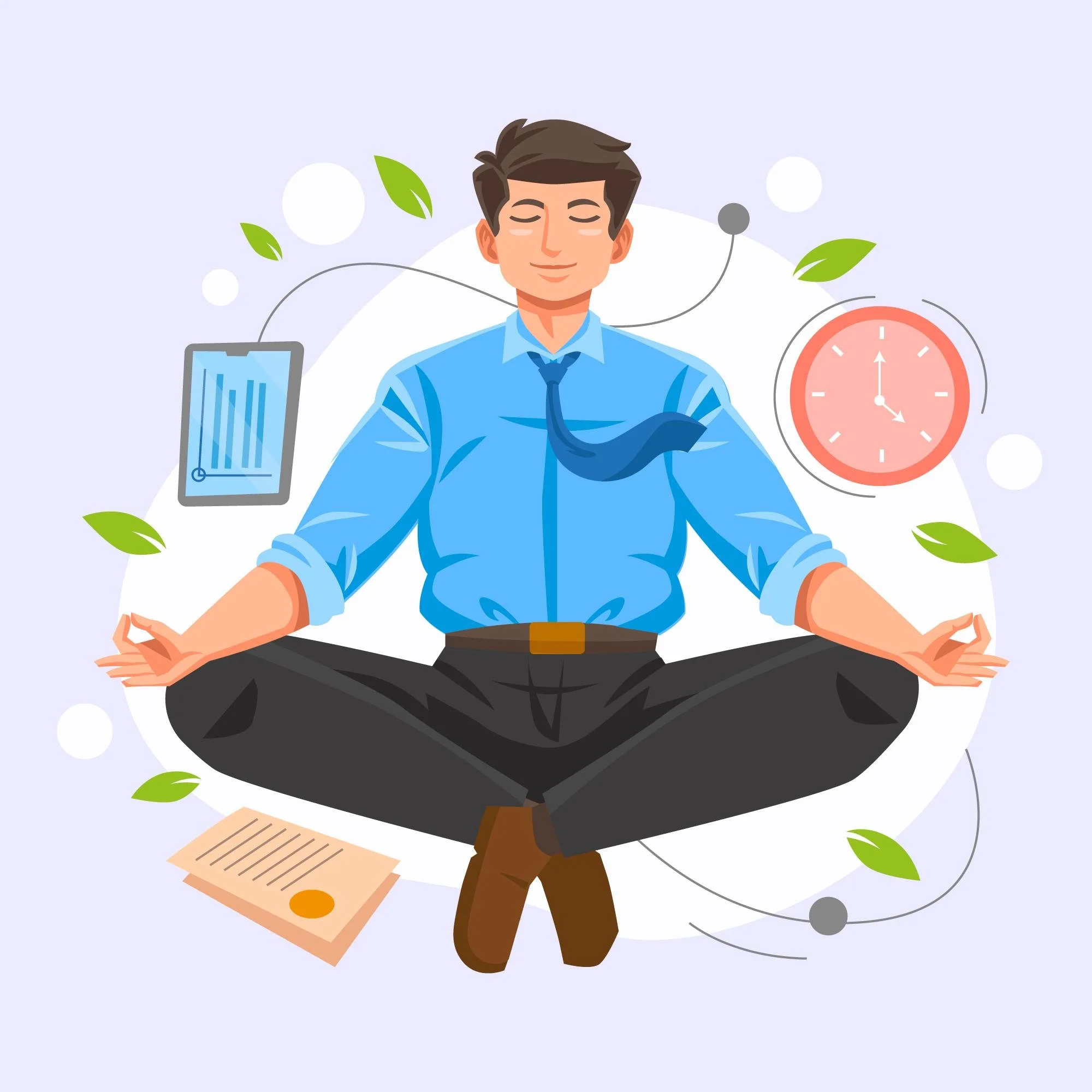 A man in business attire meditating in a cross-legged pose, with a tablet, clock, and document floating around him, surrounded by leaves and circles.