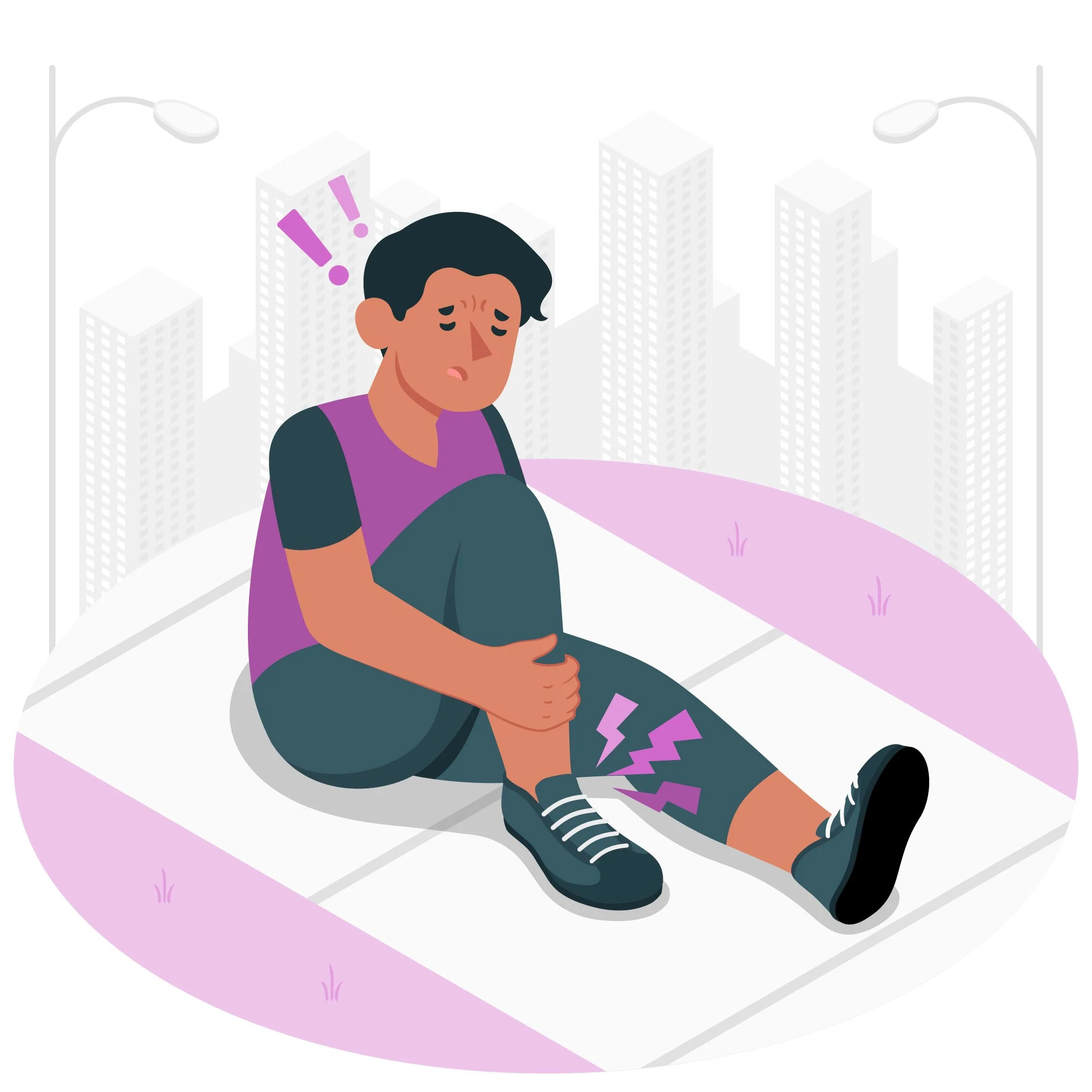 Illustration of a person sitting on a sidewalk, clutching their ankle with a worried expression, indicating ankle pain.