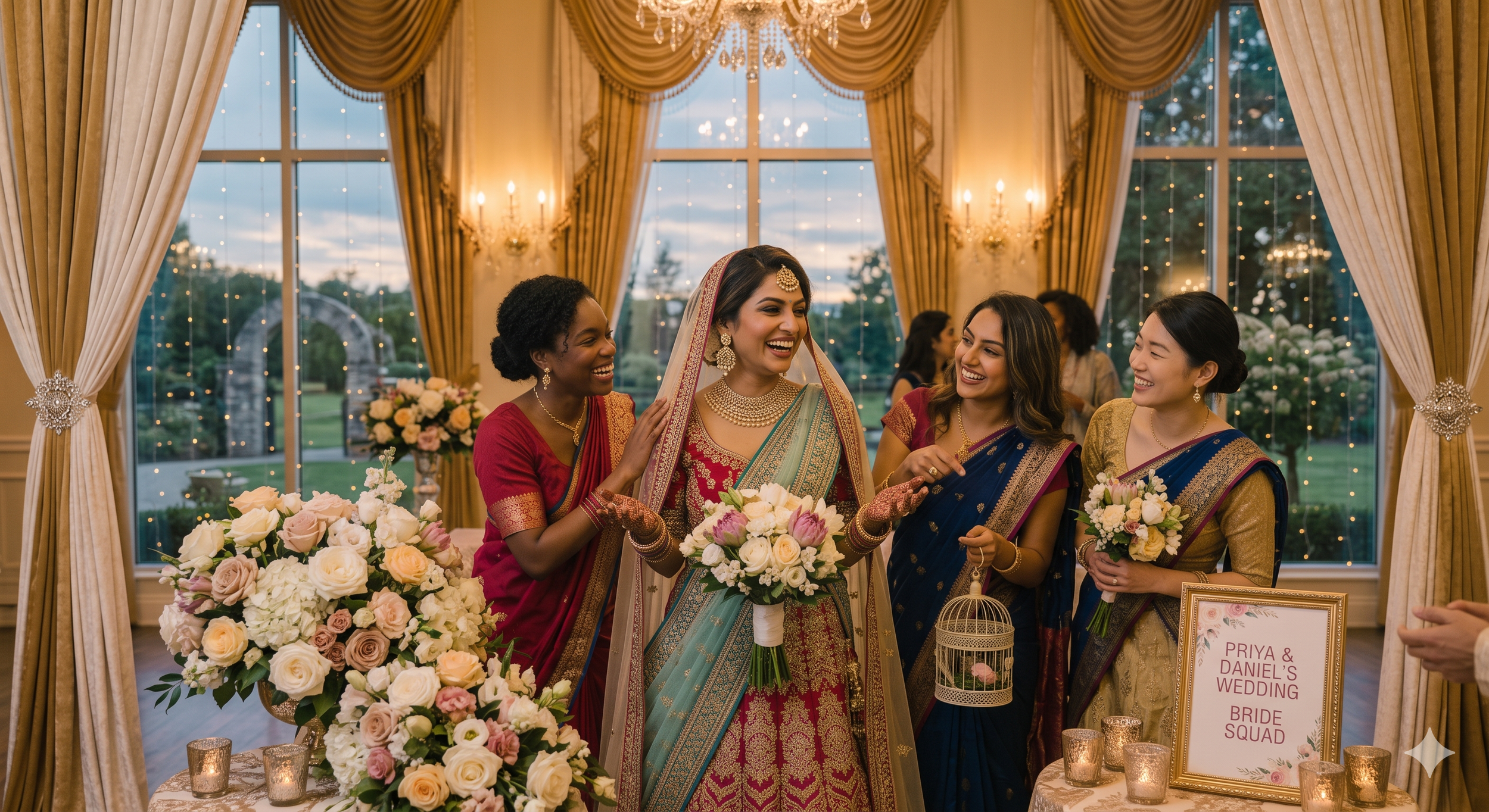 A bride in traditional Indian attire surrounded by bridesmaids, in a decorated wedding venue with floral arrangements and warm lighting.