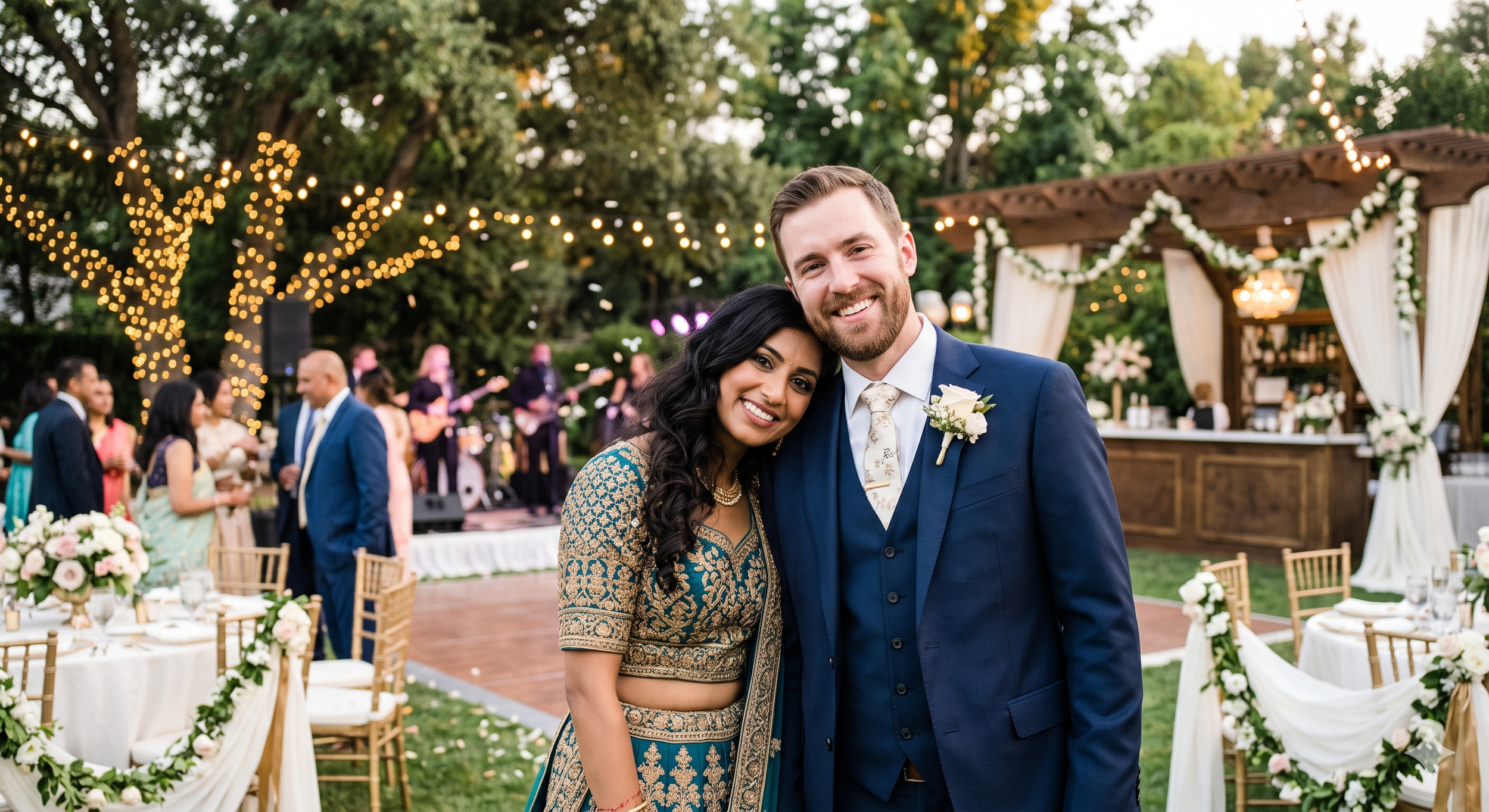 A smiling bride and groom at an outdoor wedding reception with string lights, decorated tables, and a wooden bar in the background.