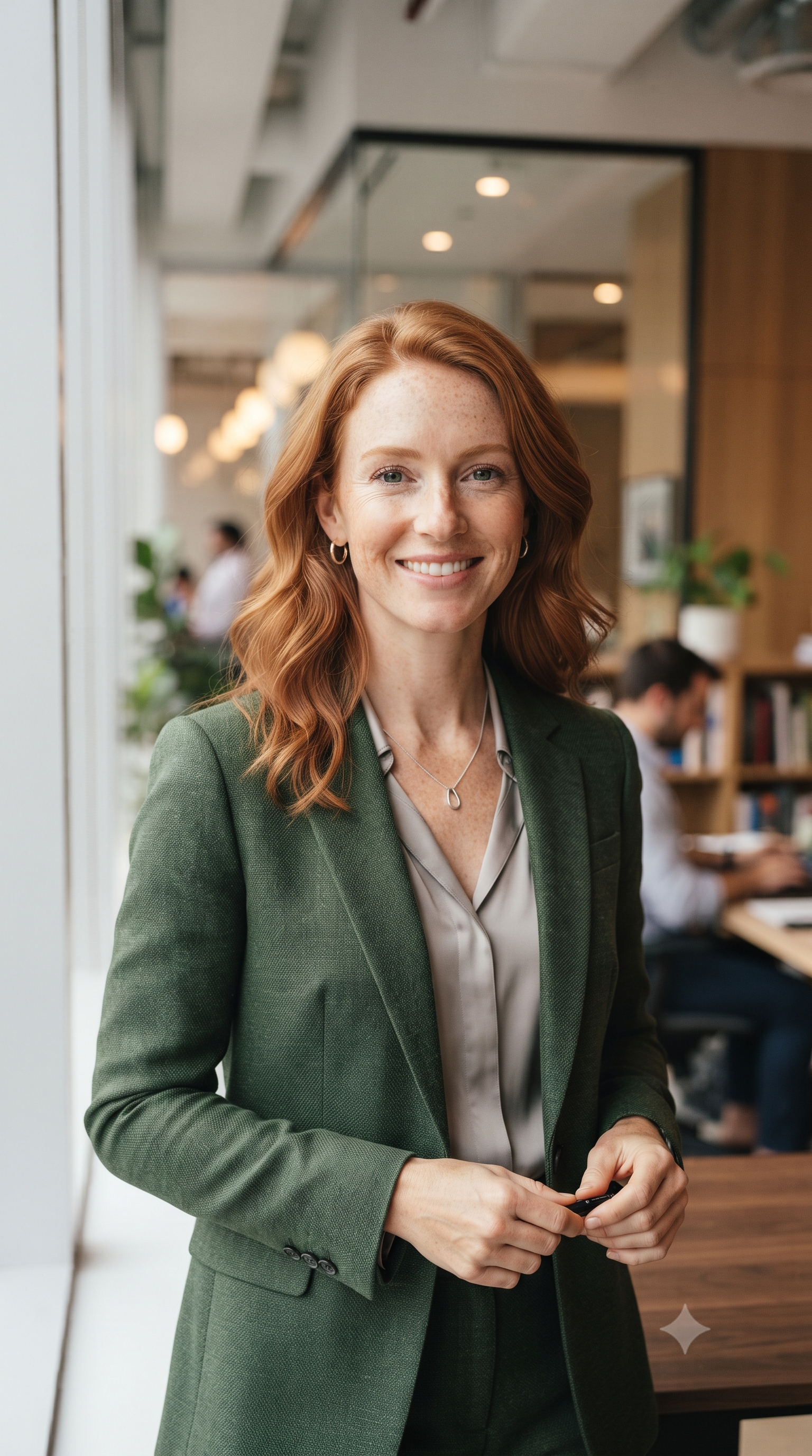 A woman with red hair, wearing a green blazer and a silver necklace, smiling in a modern office environment with people working in the background.