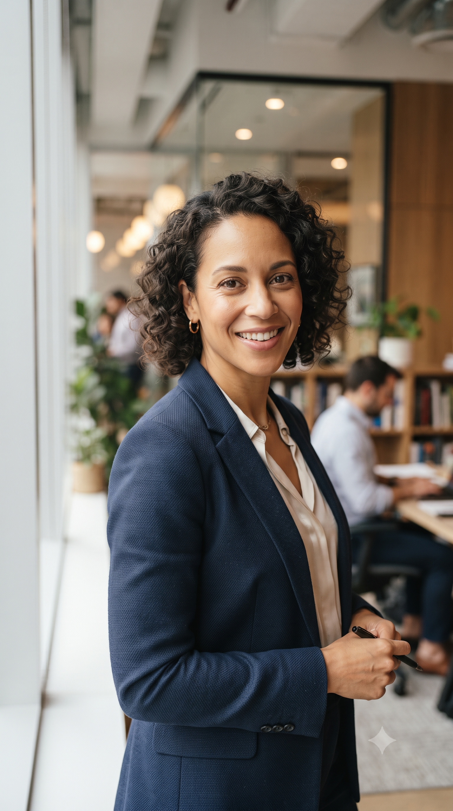A professional woman in a navy blazer smiling in an office, with a background of colleagues working at desks and bookshelves.